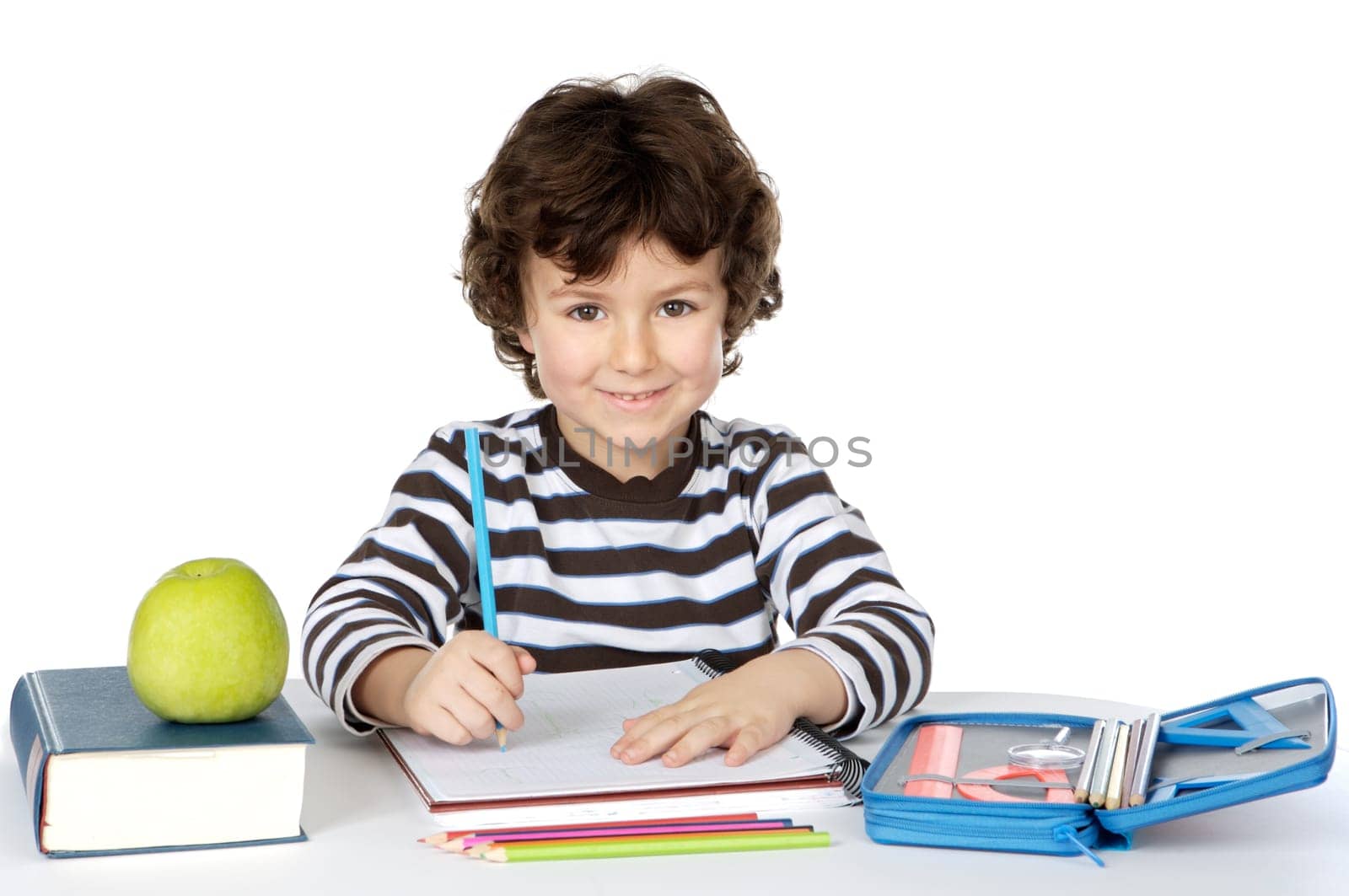 adorable boy studying a over white background