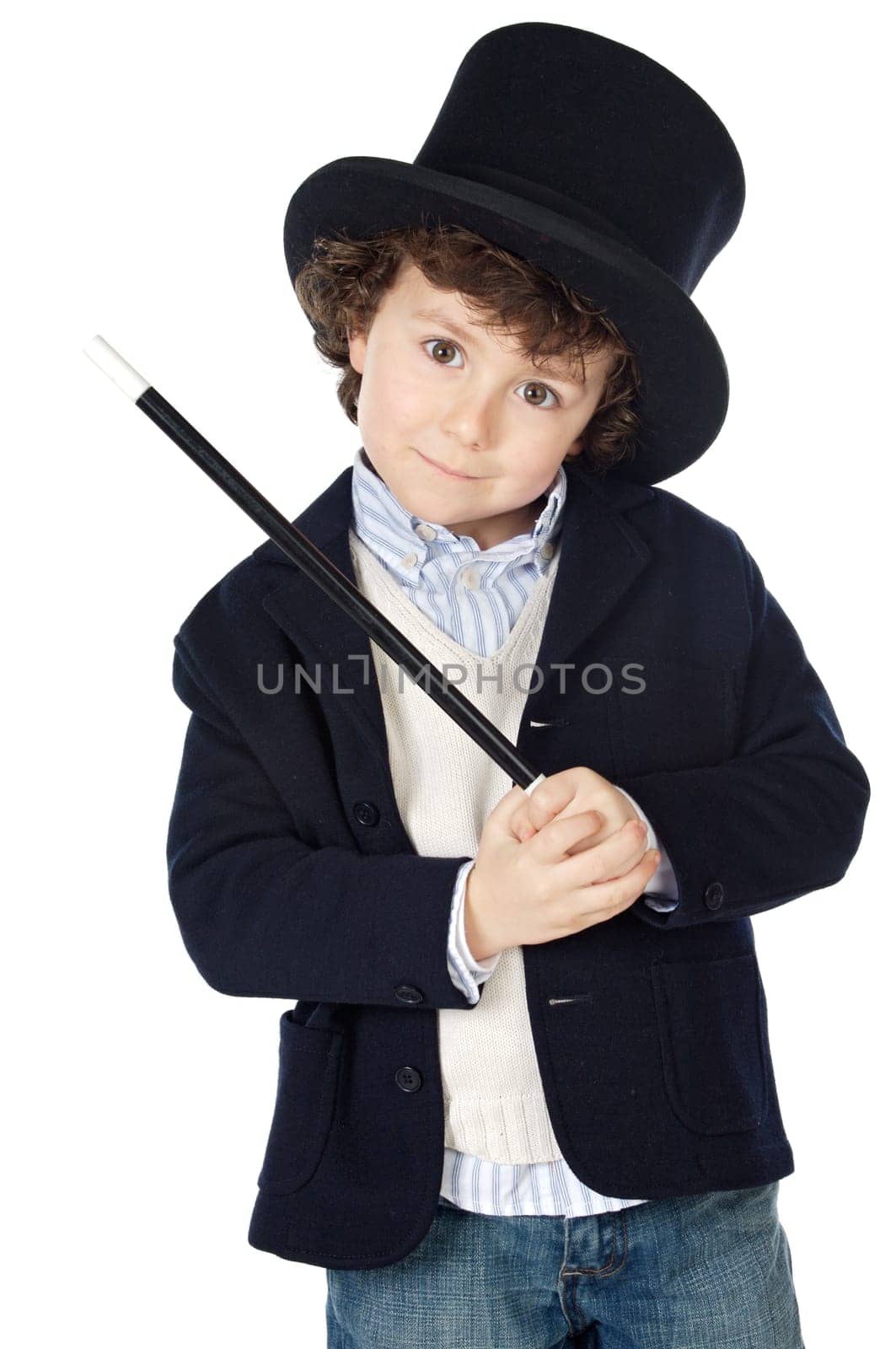 Adorable child dress of illusionist with hat a over white background