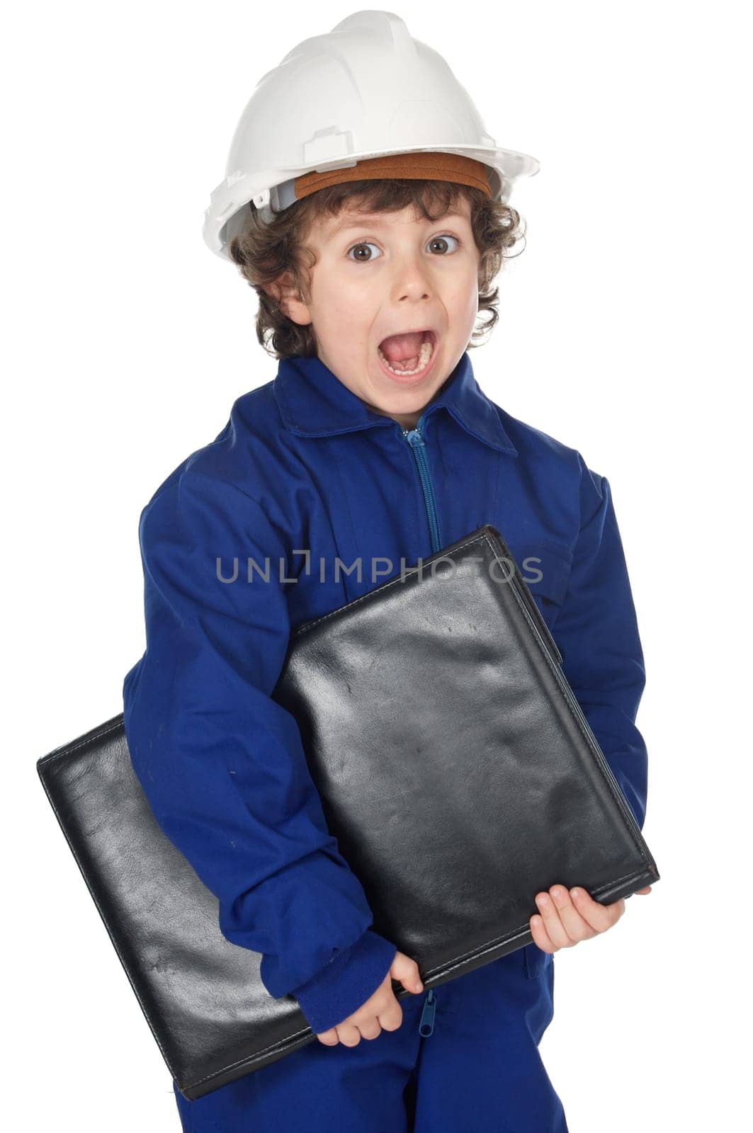 Adorable boy worker with surprise gesture a over white background