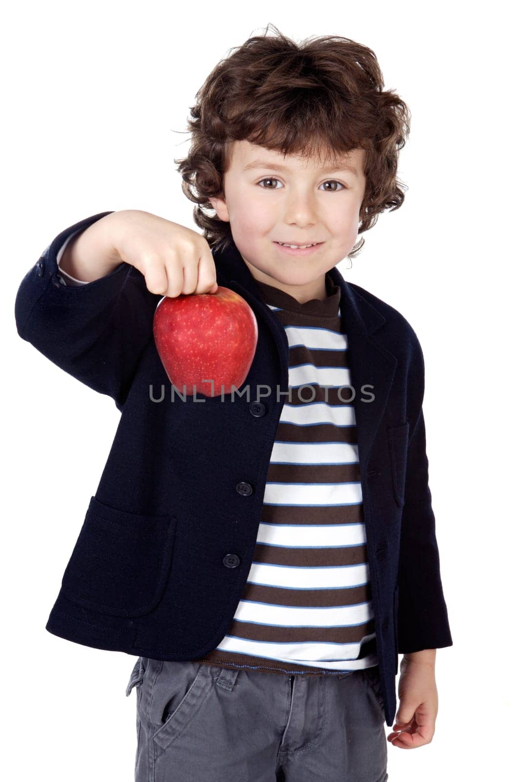 Adorable child with one apple in the hands a over white background