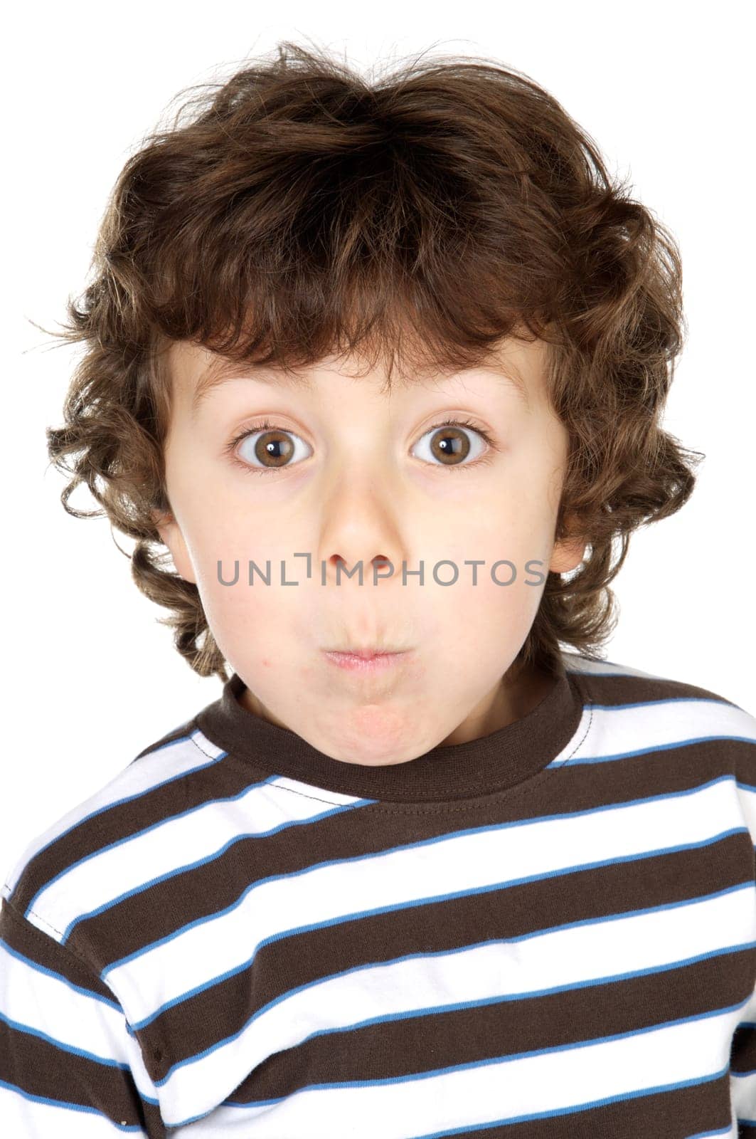 adorable happy boy making trivialities a over white background