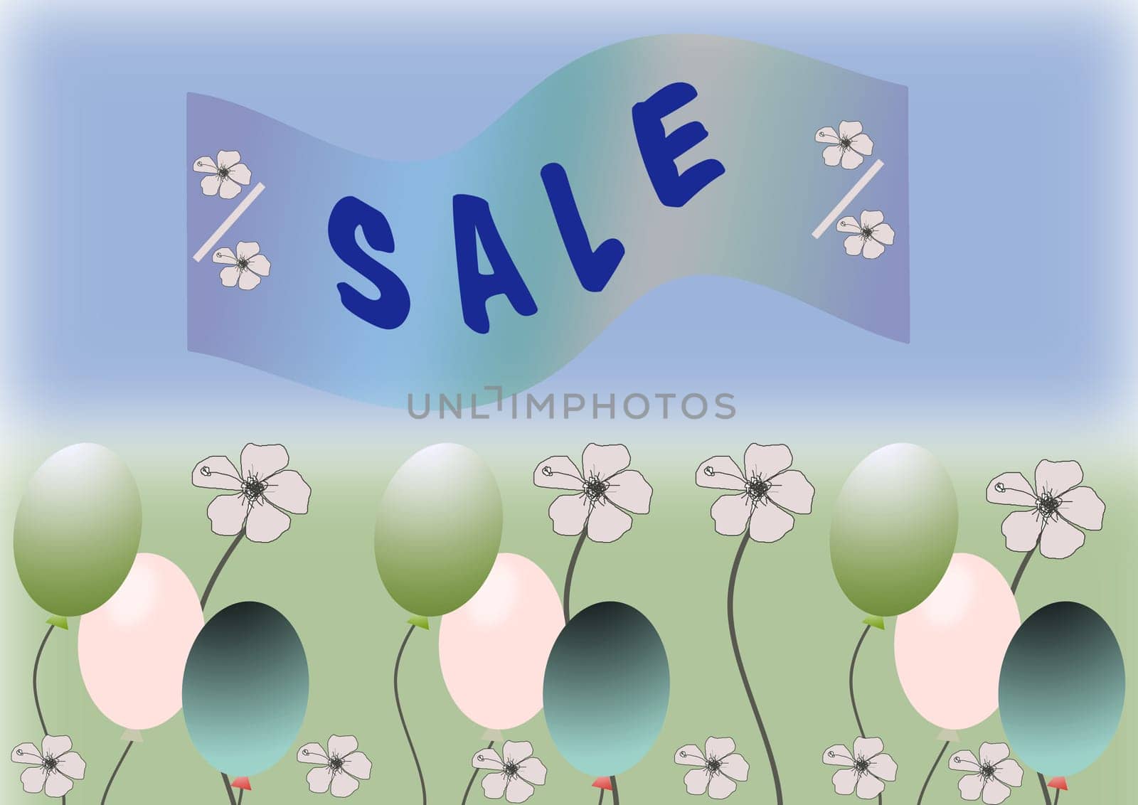 Artwork of a lawn with flowers and balloons
