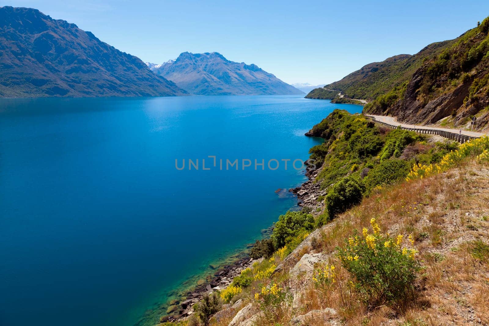 View of lake Wakatipu along the highway towards Queenstown, New Zealand