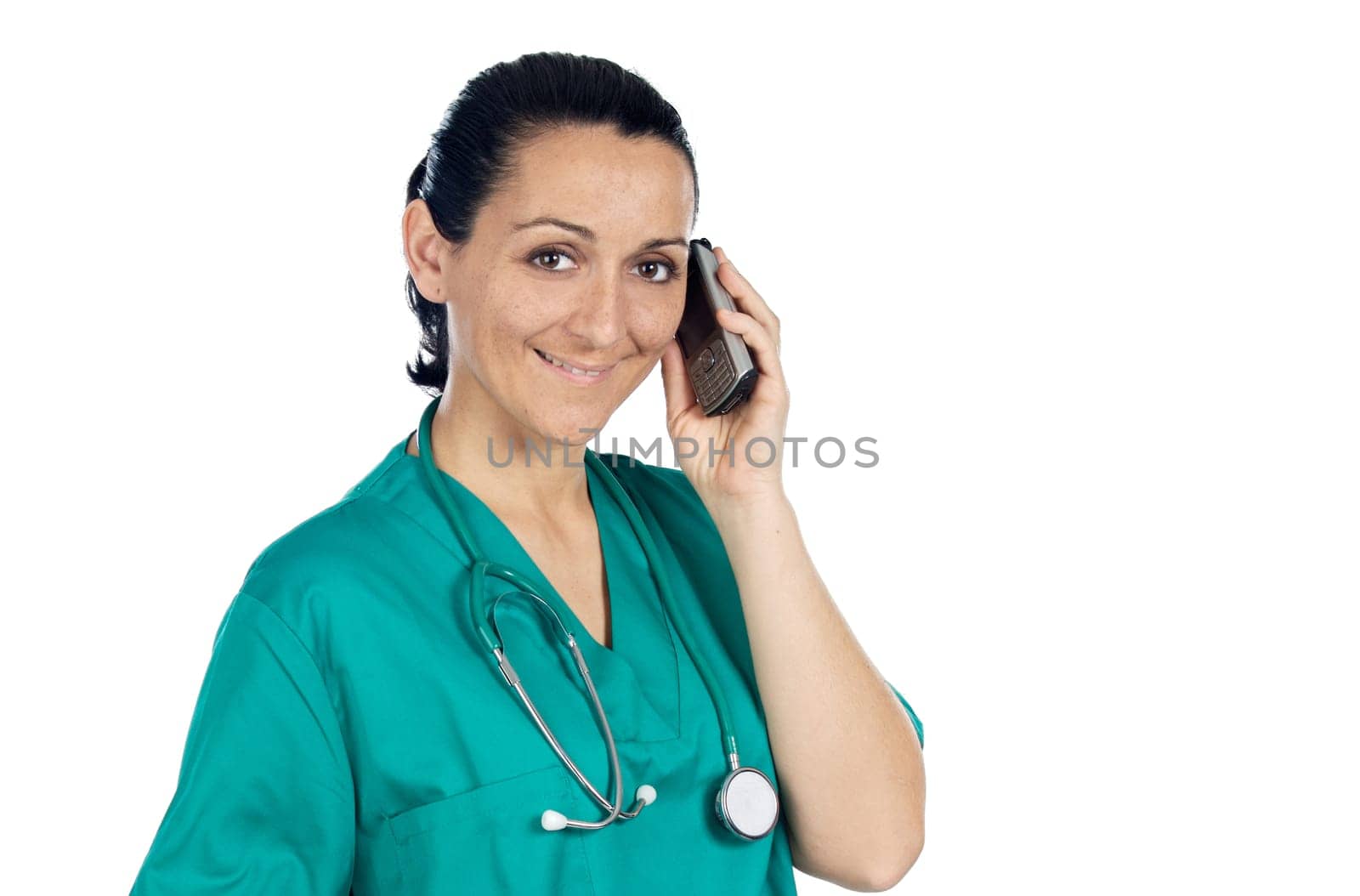 lady doctor speaking on the telephone over a white background