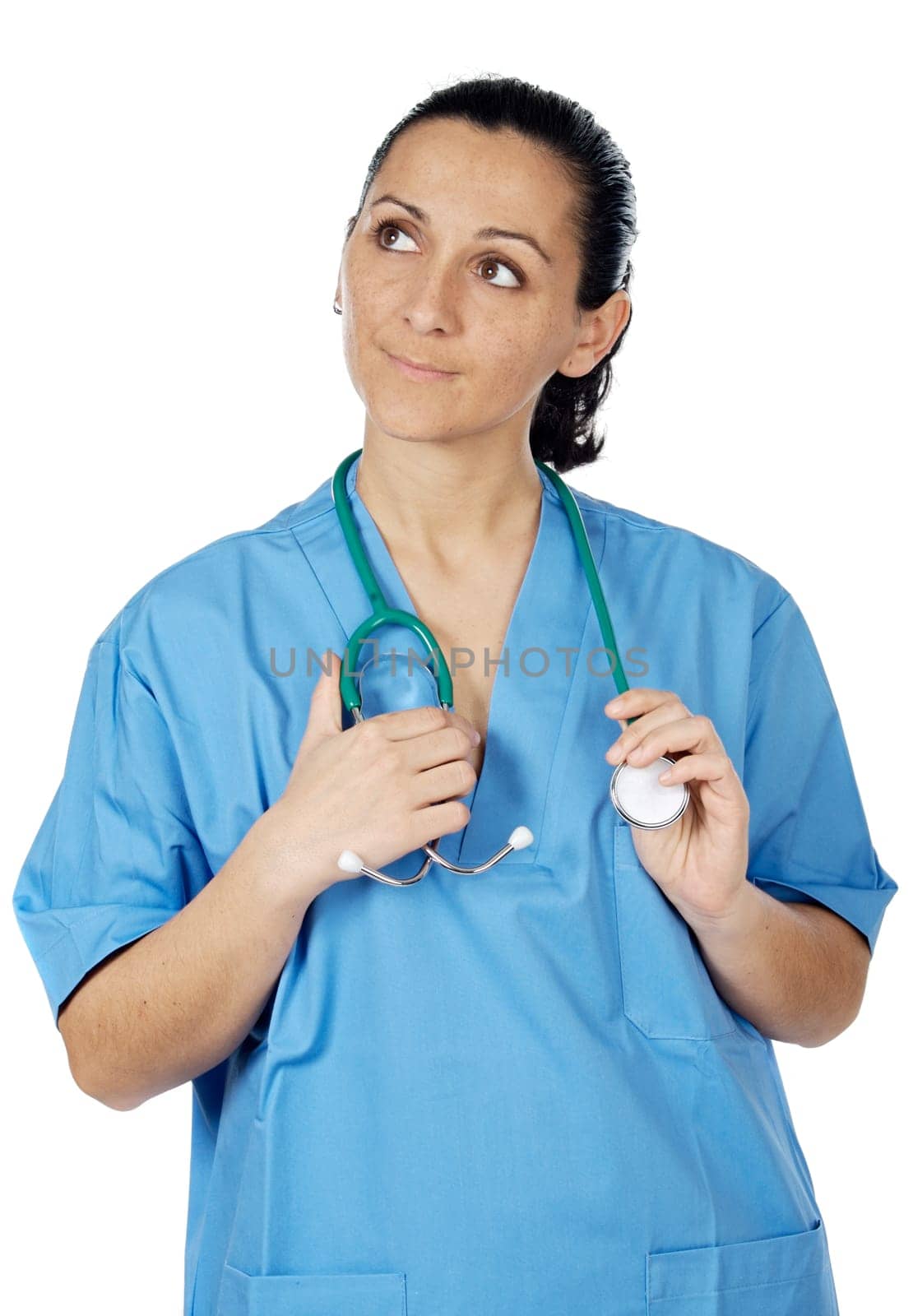Attractive lady doctor thinking over a white background