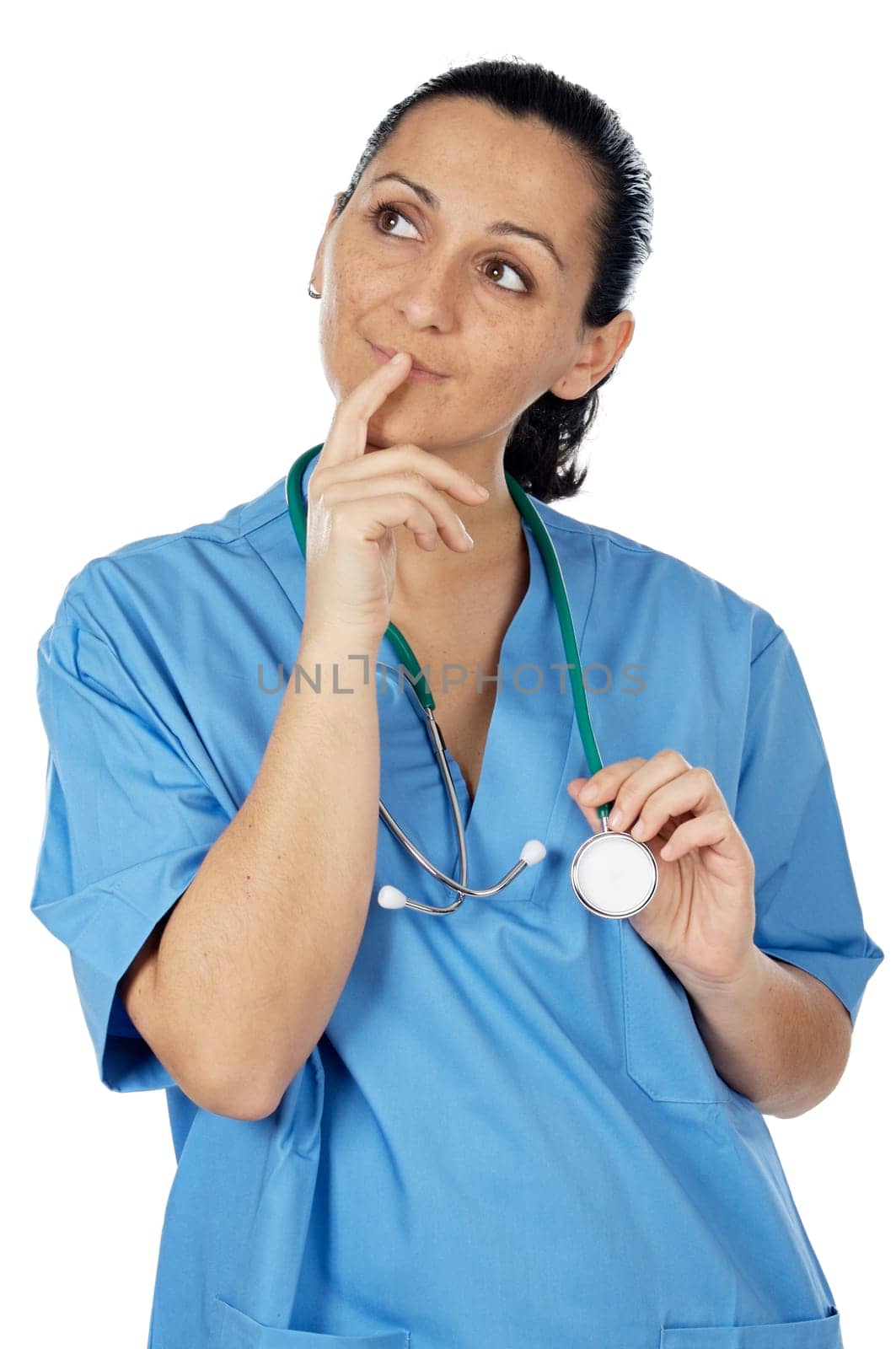 Attractive lady doctor thinking over a white background