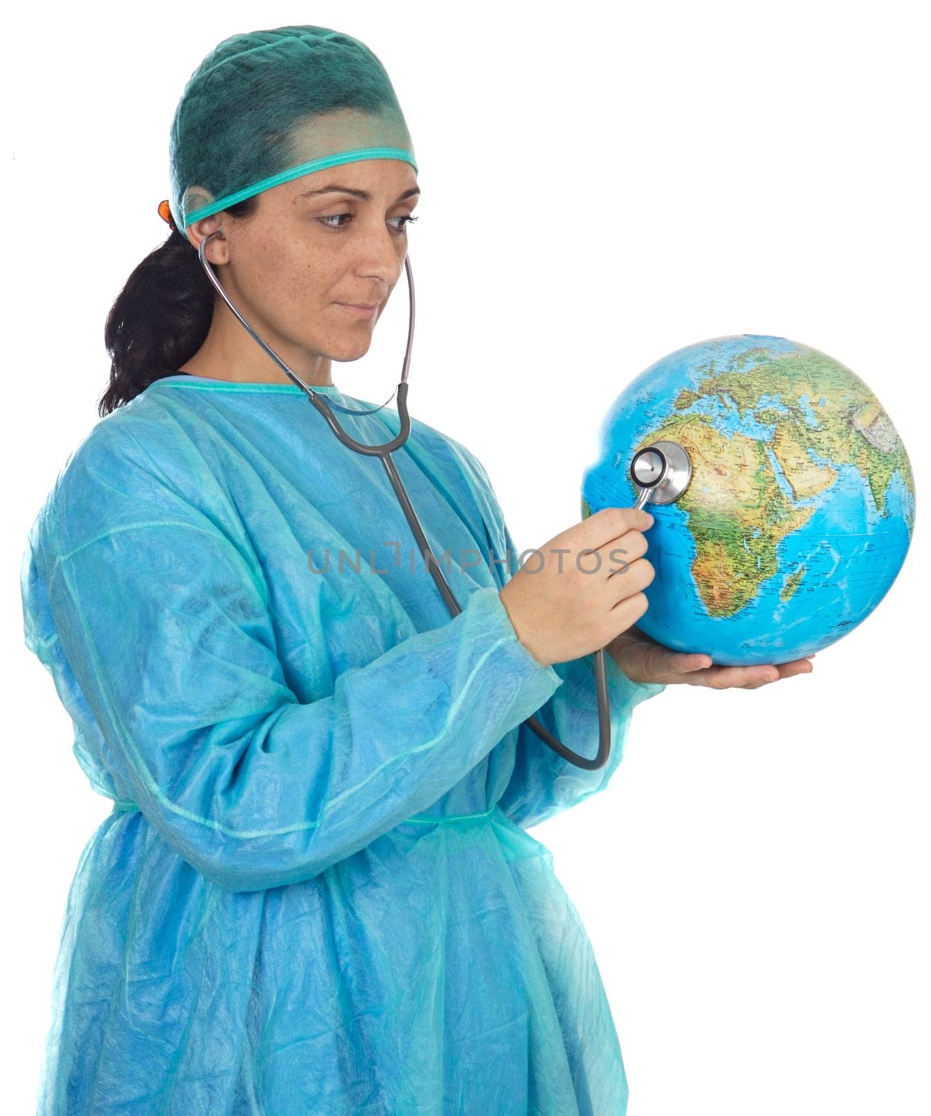 Lady doctor examining the planet earth a over white background