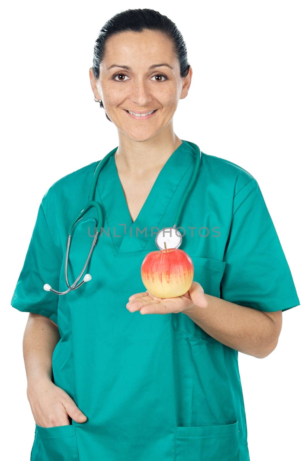 Attractive llady doctor and apple a over white background