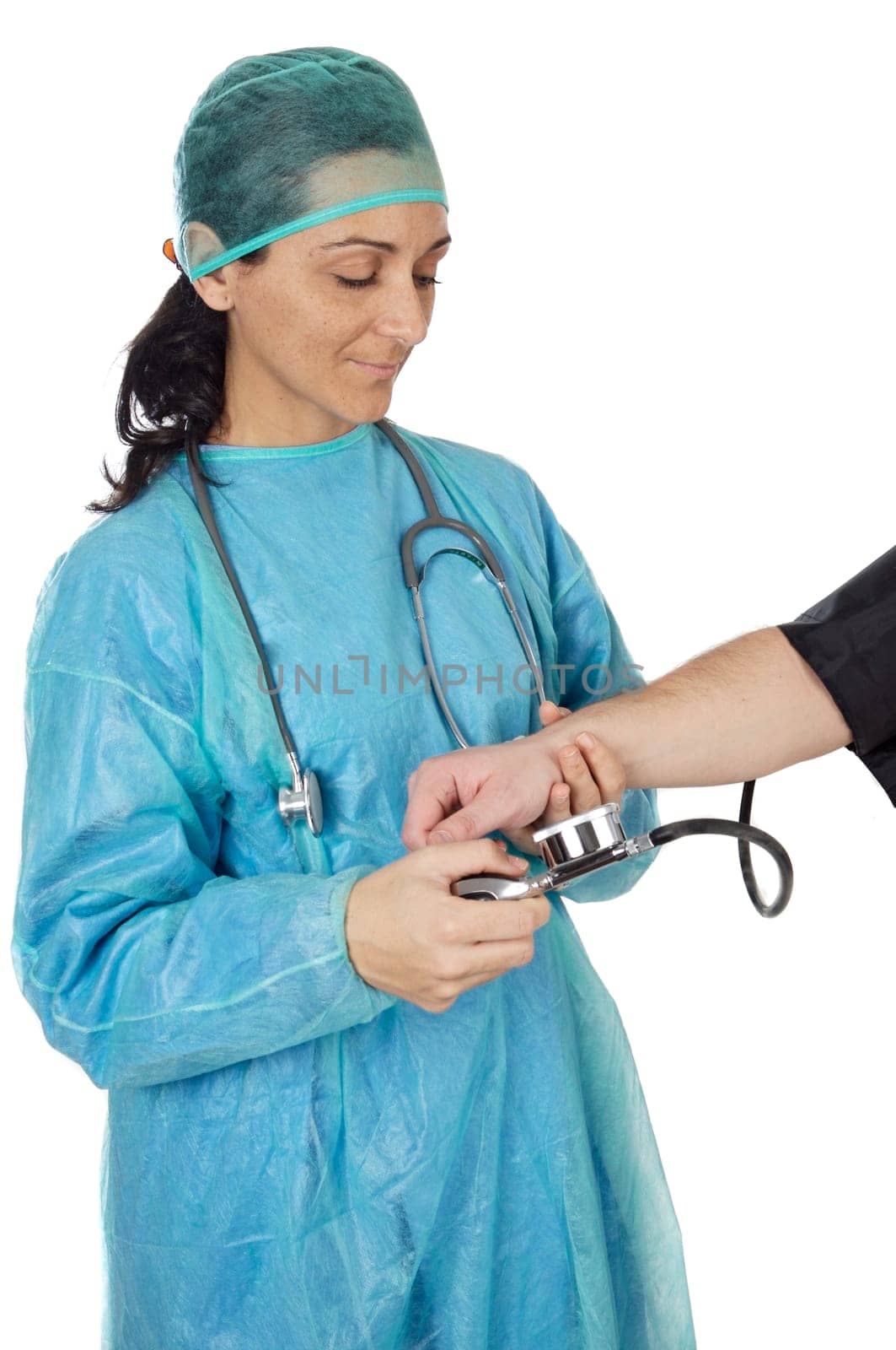 Lady Doctor examining to a patient a over white background