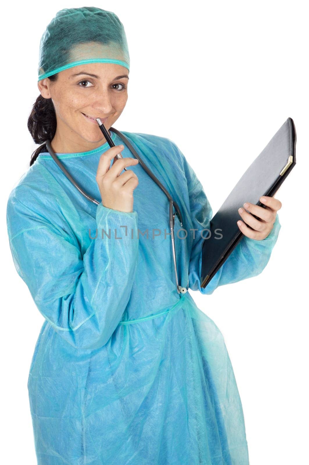 Attractive lady doctor over a white background