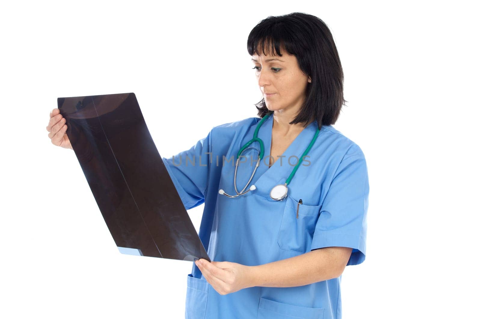Woman doctor whit radiography a over white background