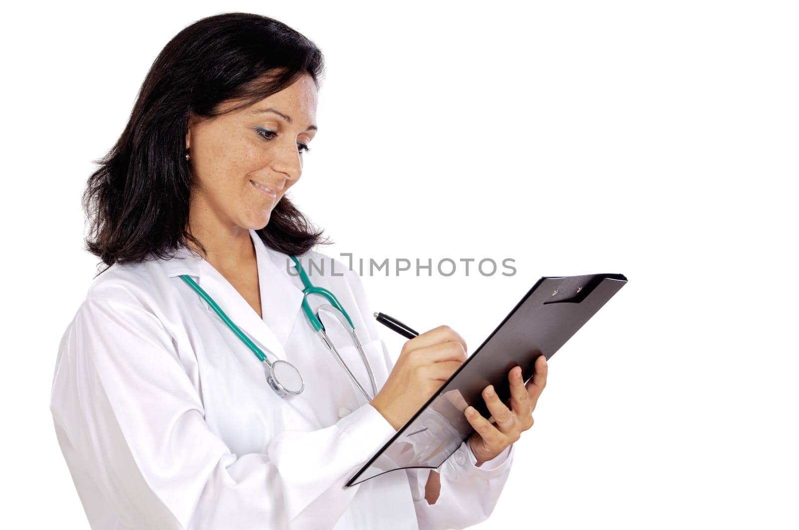 lady doctor writing a over white background