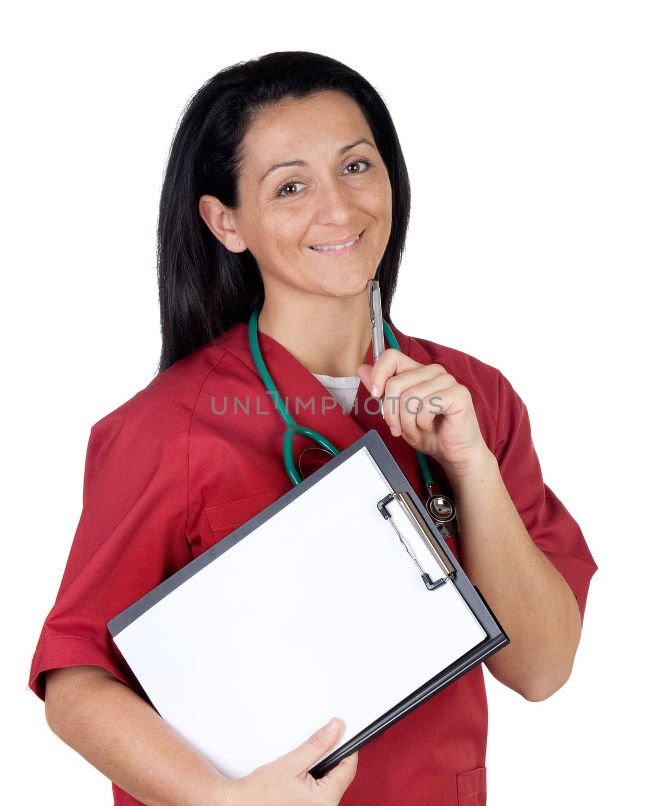Happy doctor woman with clipboard in blank thinking isolated on white background