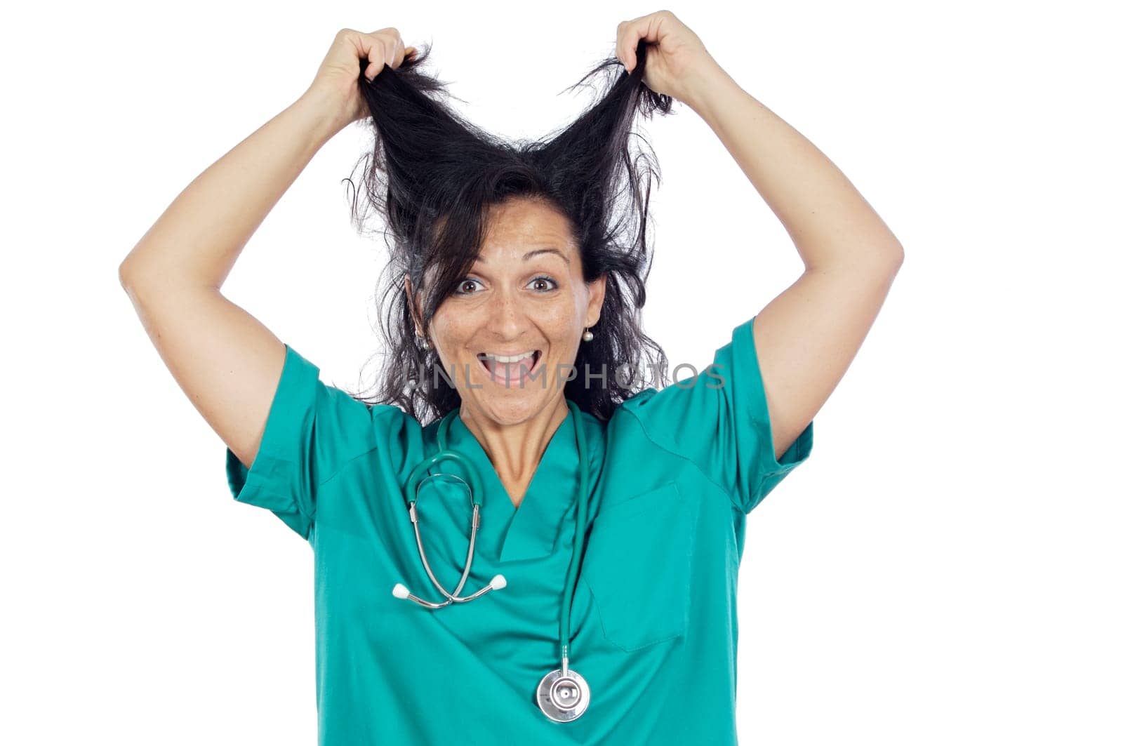 Young woman medical staff member pulling her hair