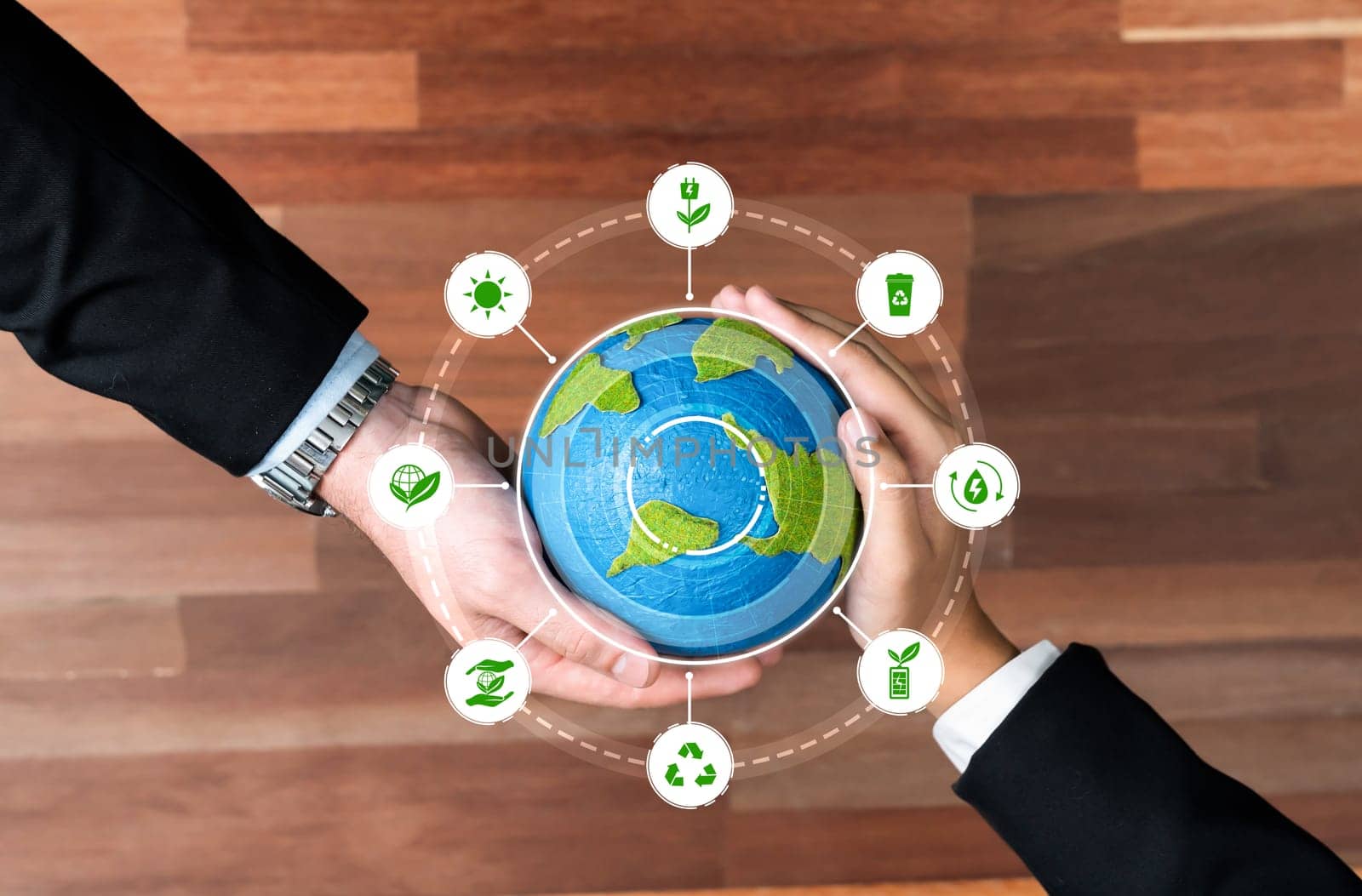 Business partnership holding Earth globe together with eco design icon symbolize ESG sustainable environment protection with eco technology and carbon credit solution for net zero ecosystem. Reliance