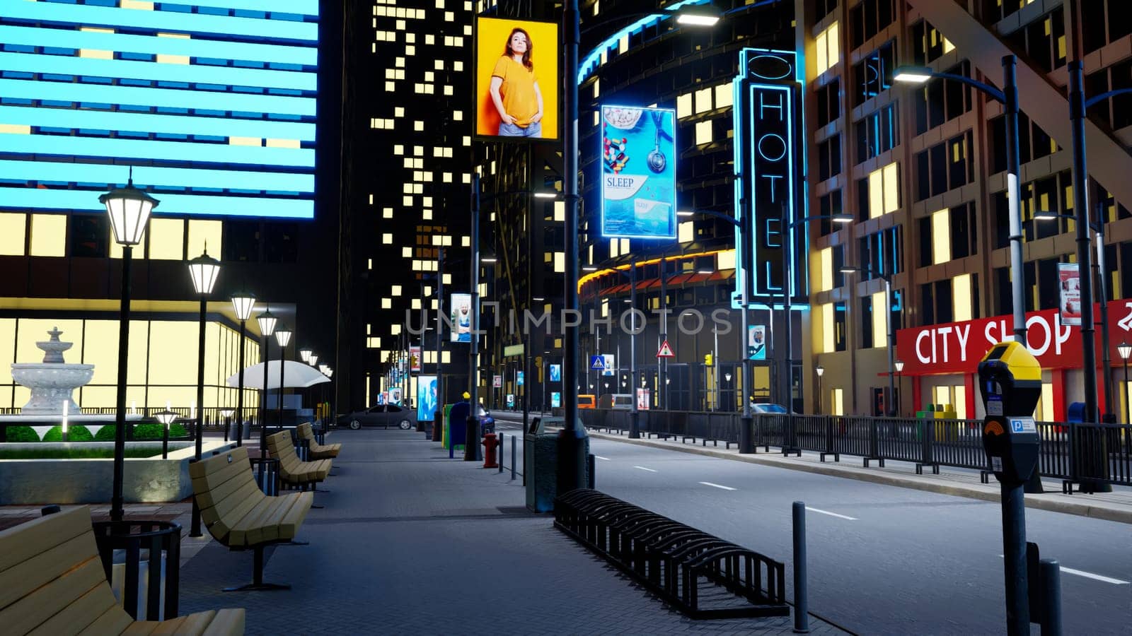 Urban city center at night with cars driving past skyscrapers. Empty metropolitan town with streets illuminated by outdoor advertising and lamp posts, 3d render animation