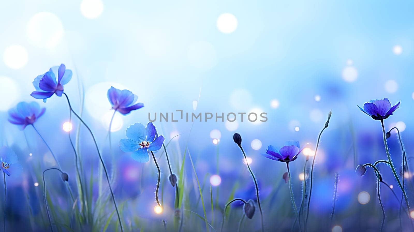blue wild flowers in the morning light - AI generative
