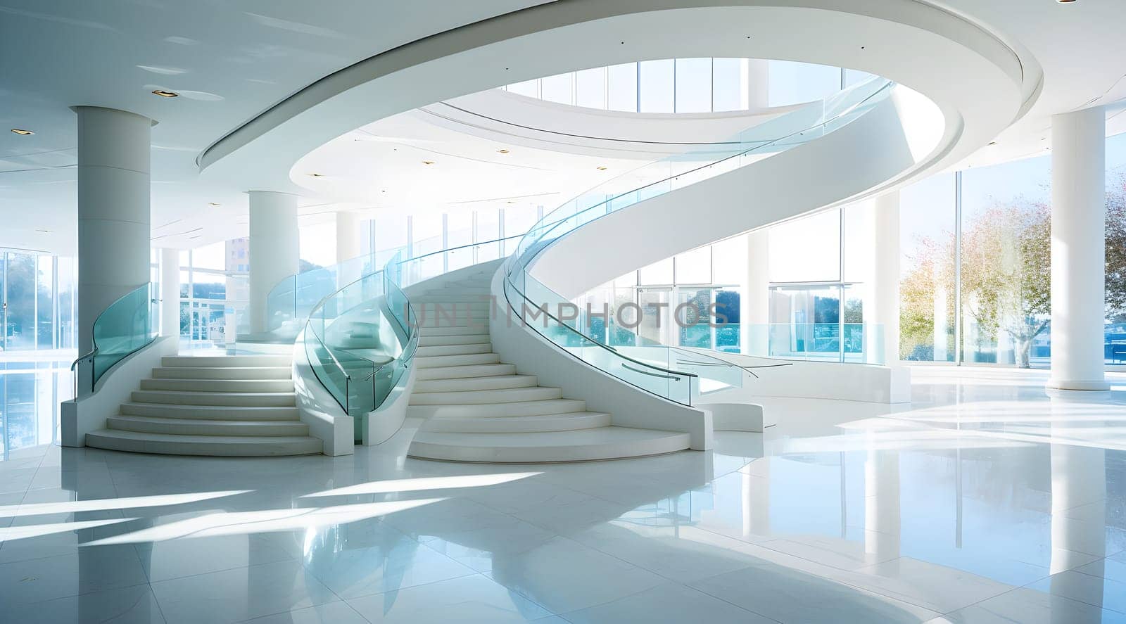 a huge spiral staircase in a modern building - architectural design - AI generative
