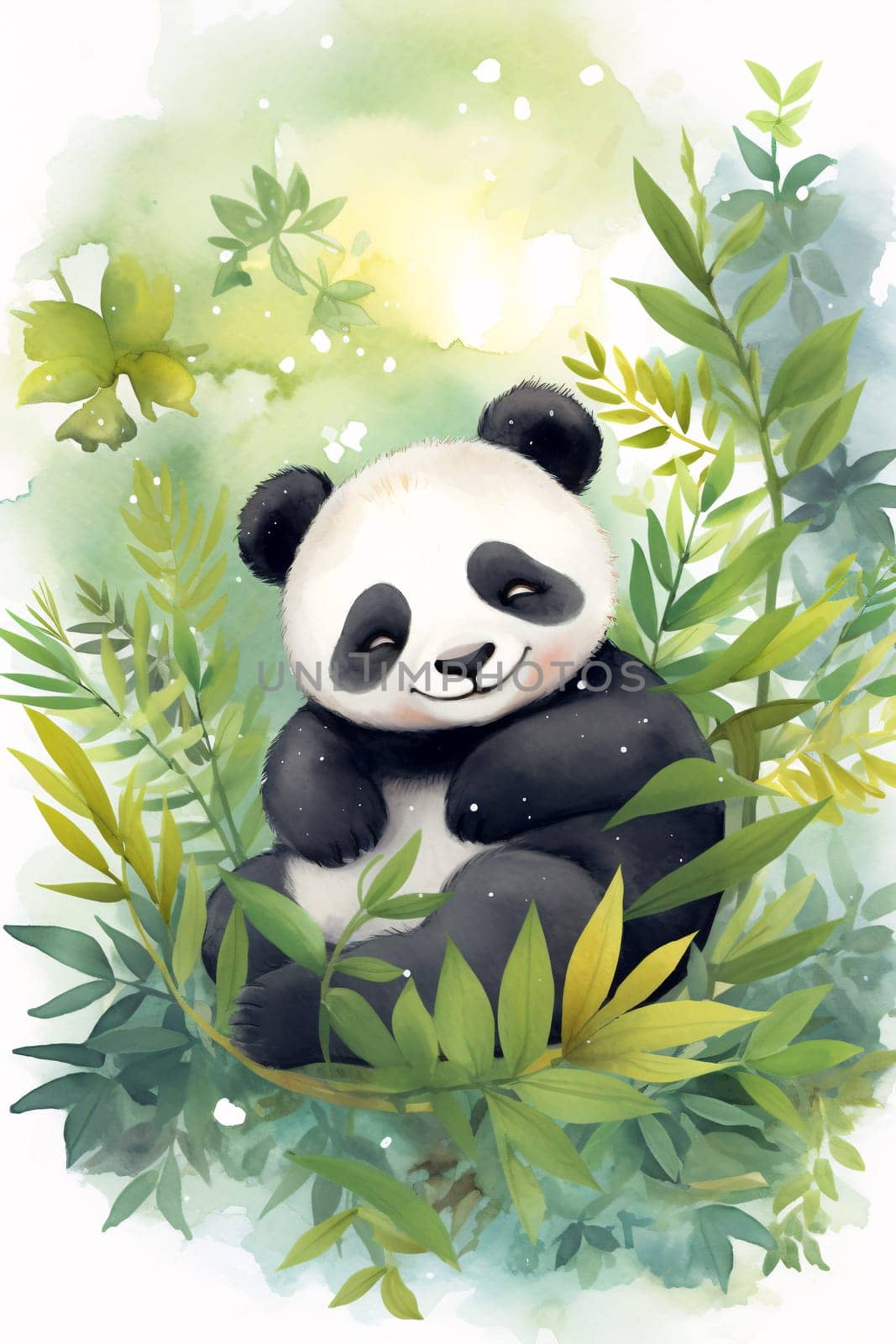 an illustration of a panda in leafy green forest - AI generative