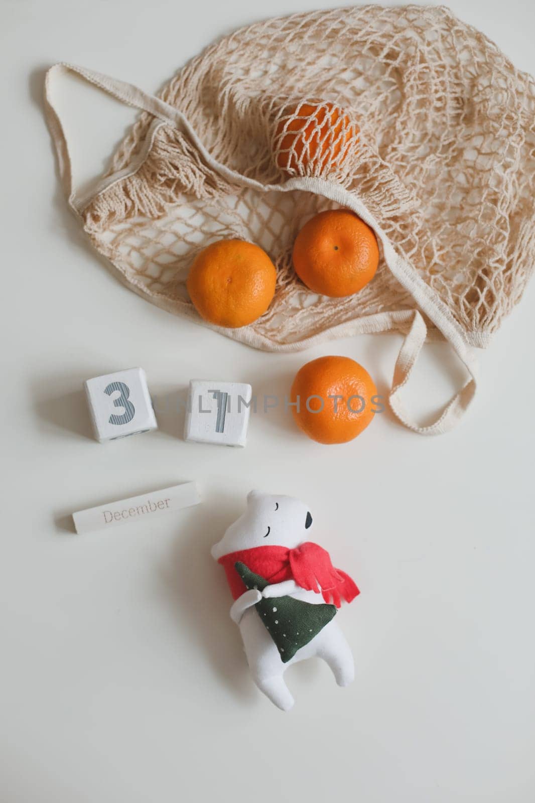 Christmas or New Year composition with tangerines and toy white bear by paralisart