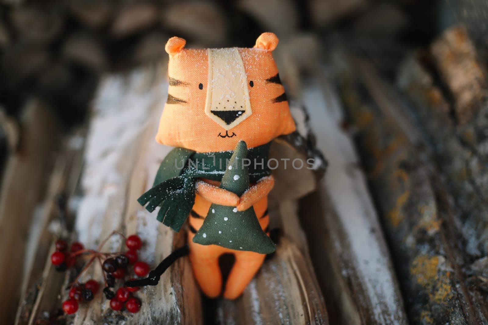 Tiger toy, symbol of new 2022. Christmas, New Year, Winter concept.