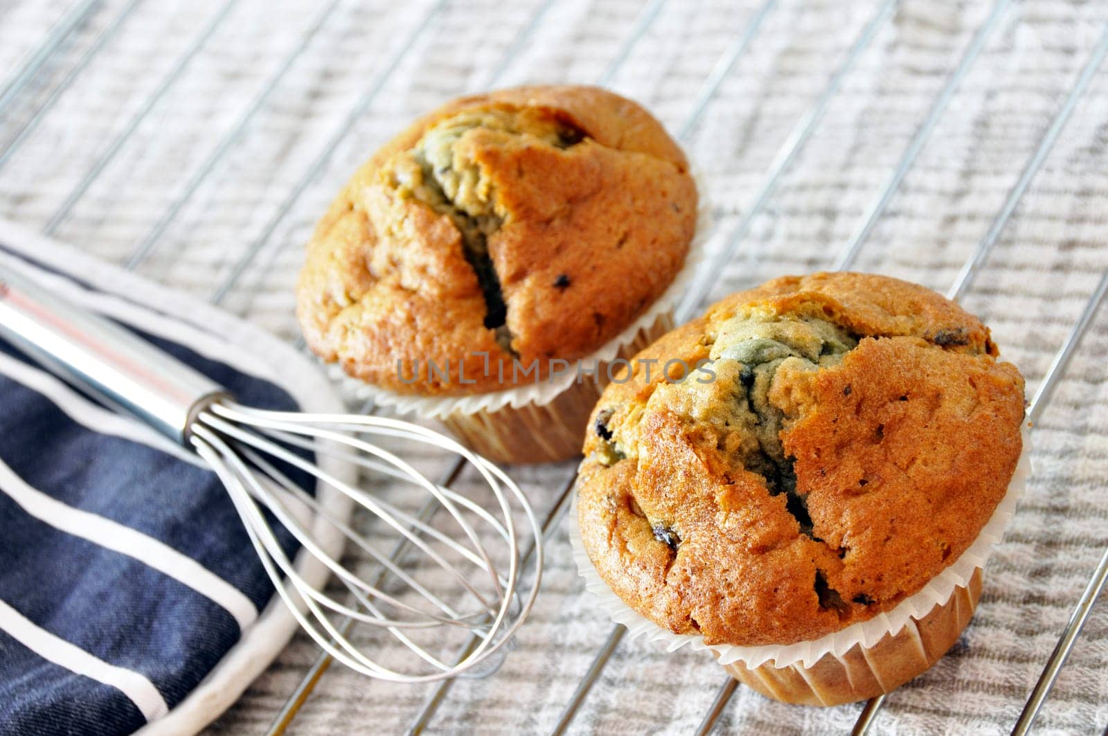 Two freshly baked blueberry muffins