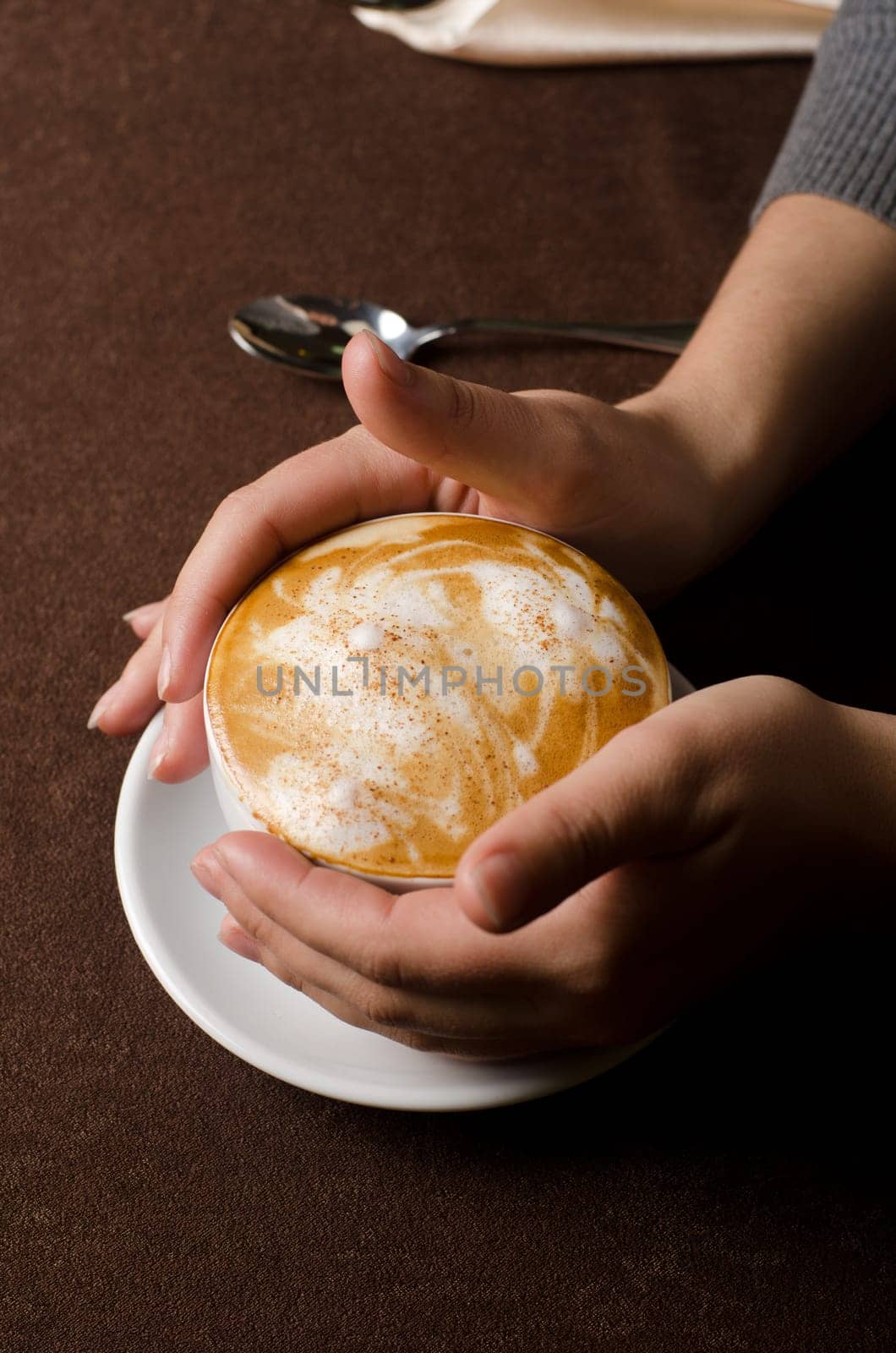 Closeup of female hands holding cup of Cappuccino