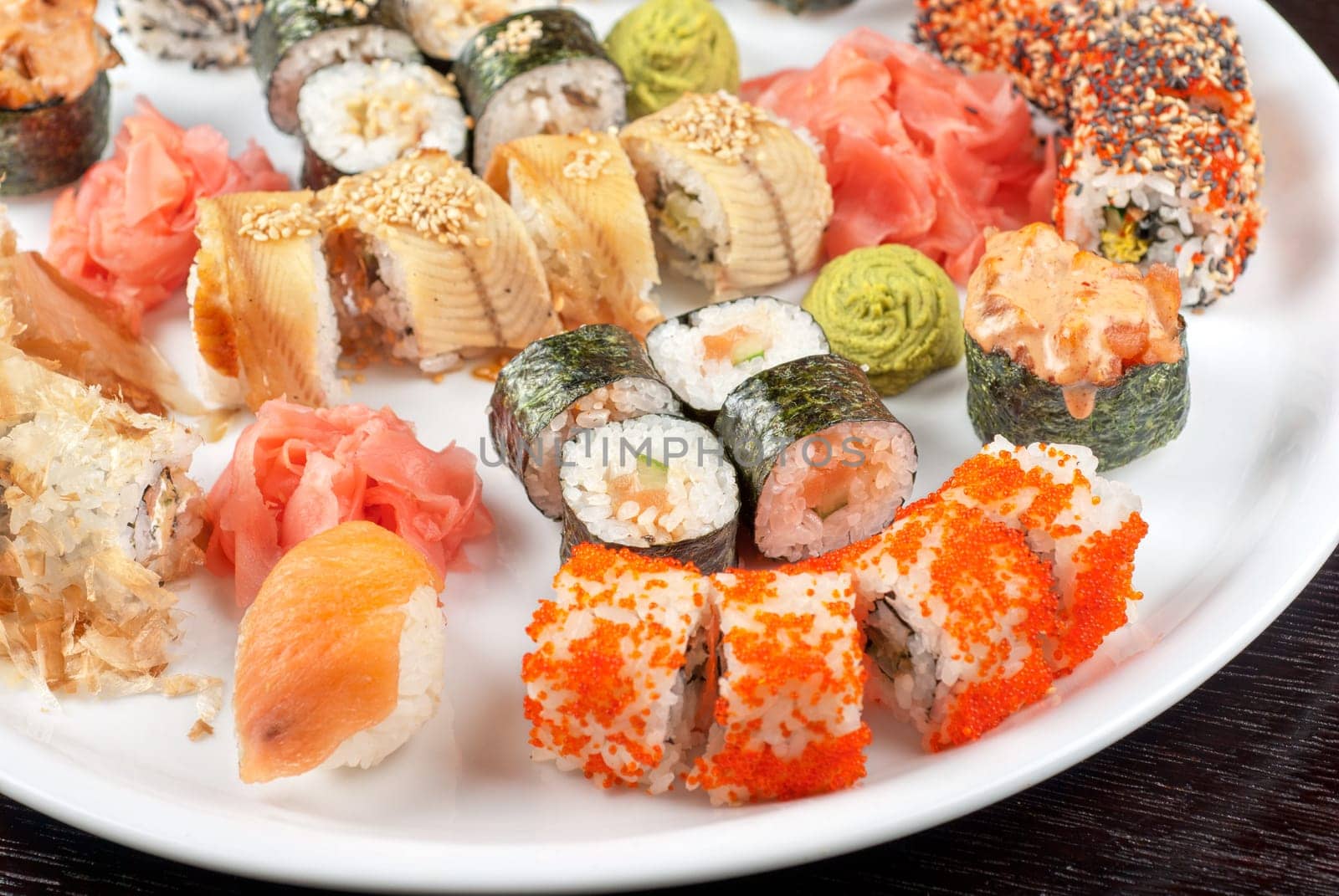 view of closeup japanese sushi set at plate