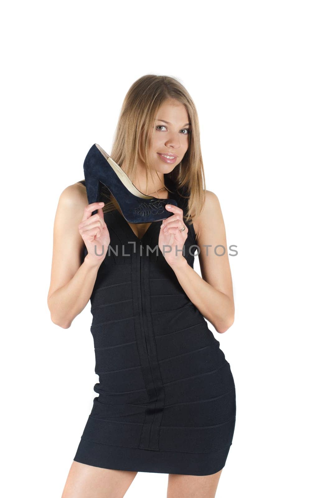 beautiful young woman with a shoe on white