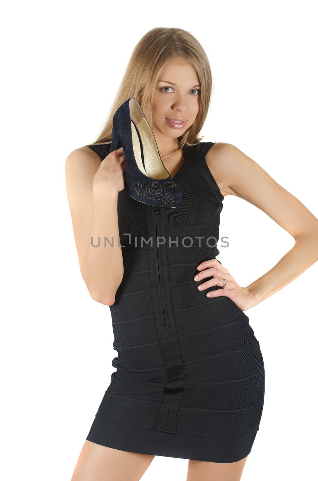 beautiful young woman with a shoe on white