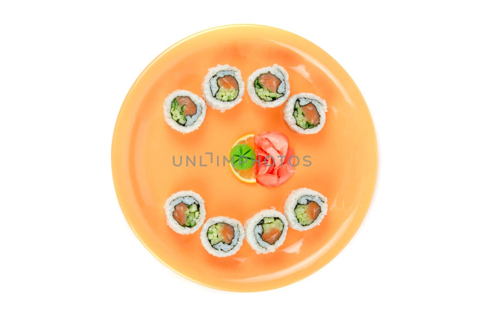 Closeup japanese sushi set at plate on a white