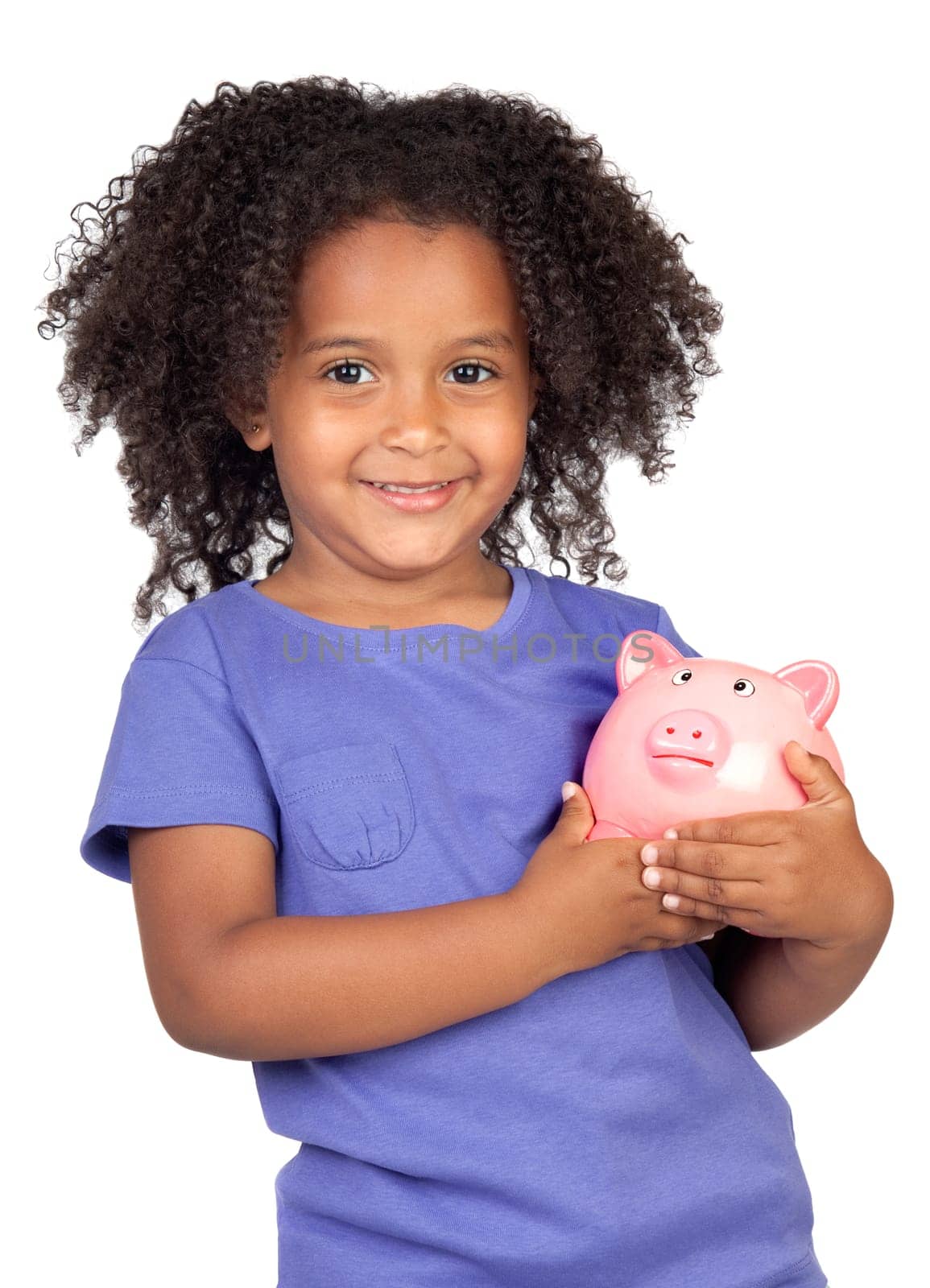 Adorable african little girl with piggy-bank isolated over white