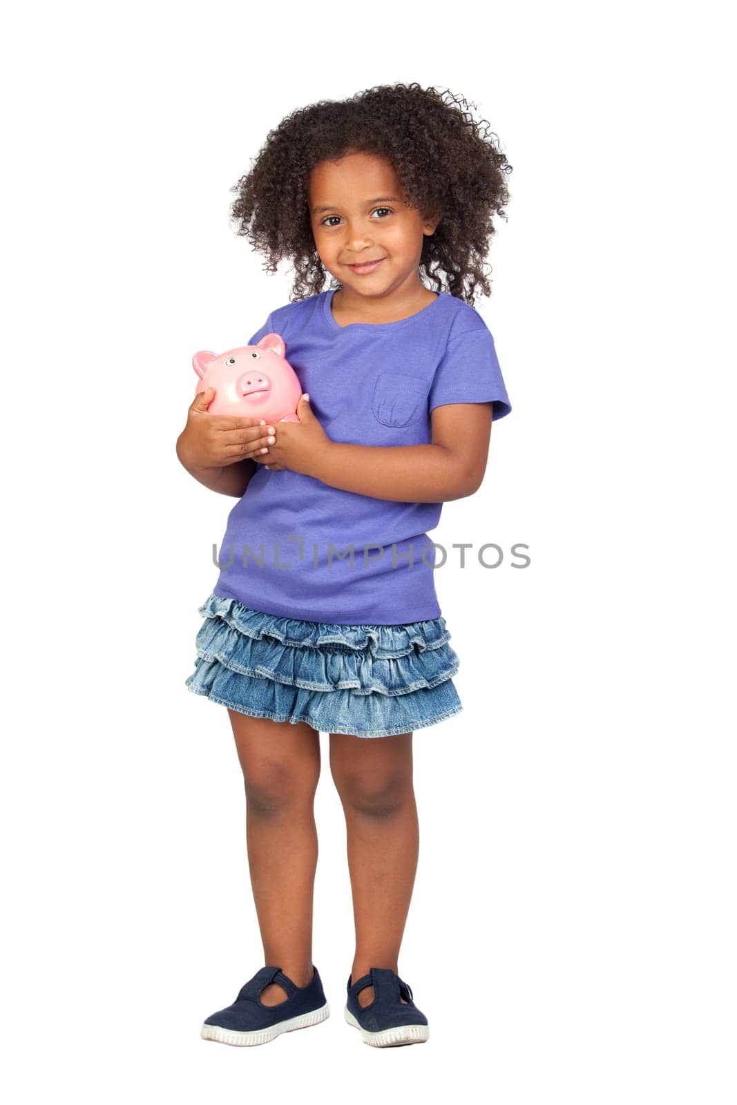 Adorable african little girl with piggy-bank isolated over white