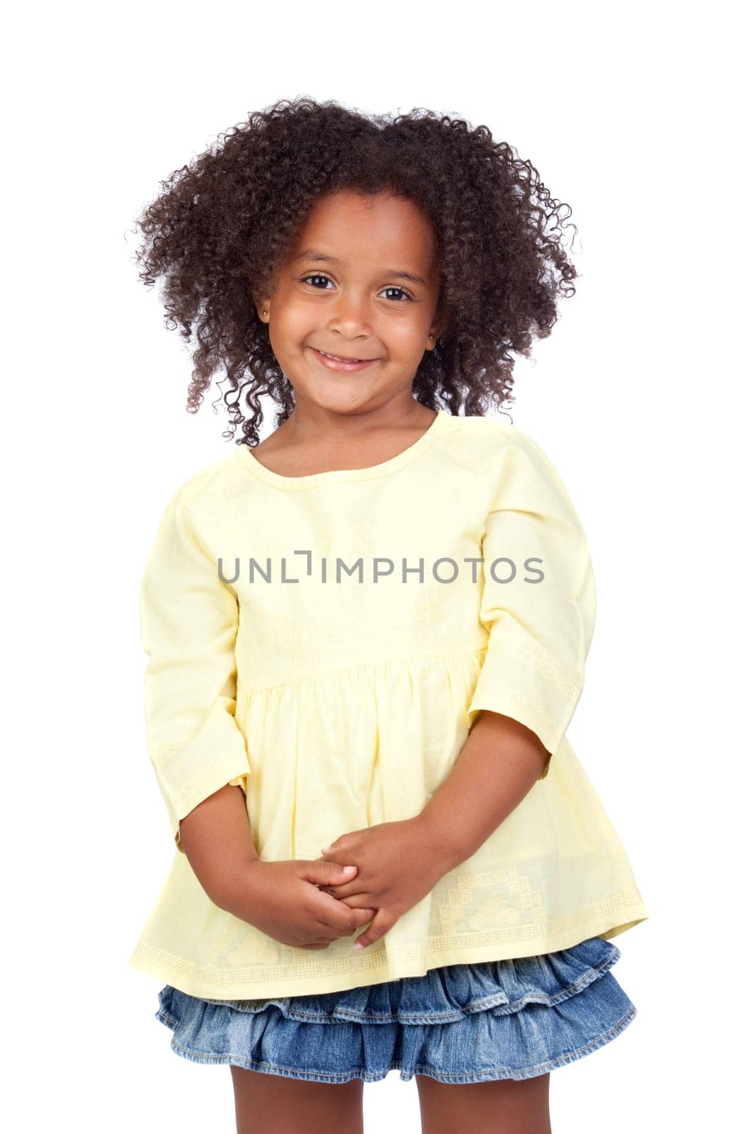 Adorable african little girl with beautiful hairstyle isolated over white