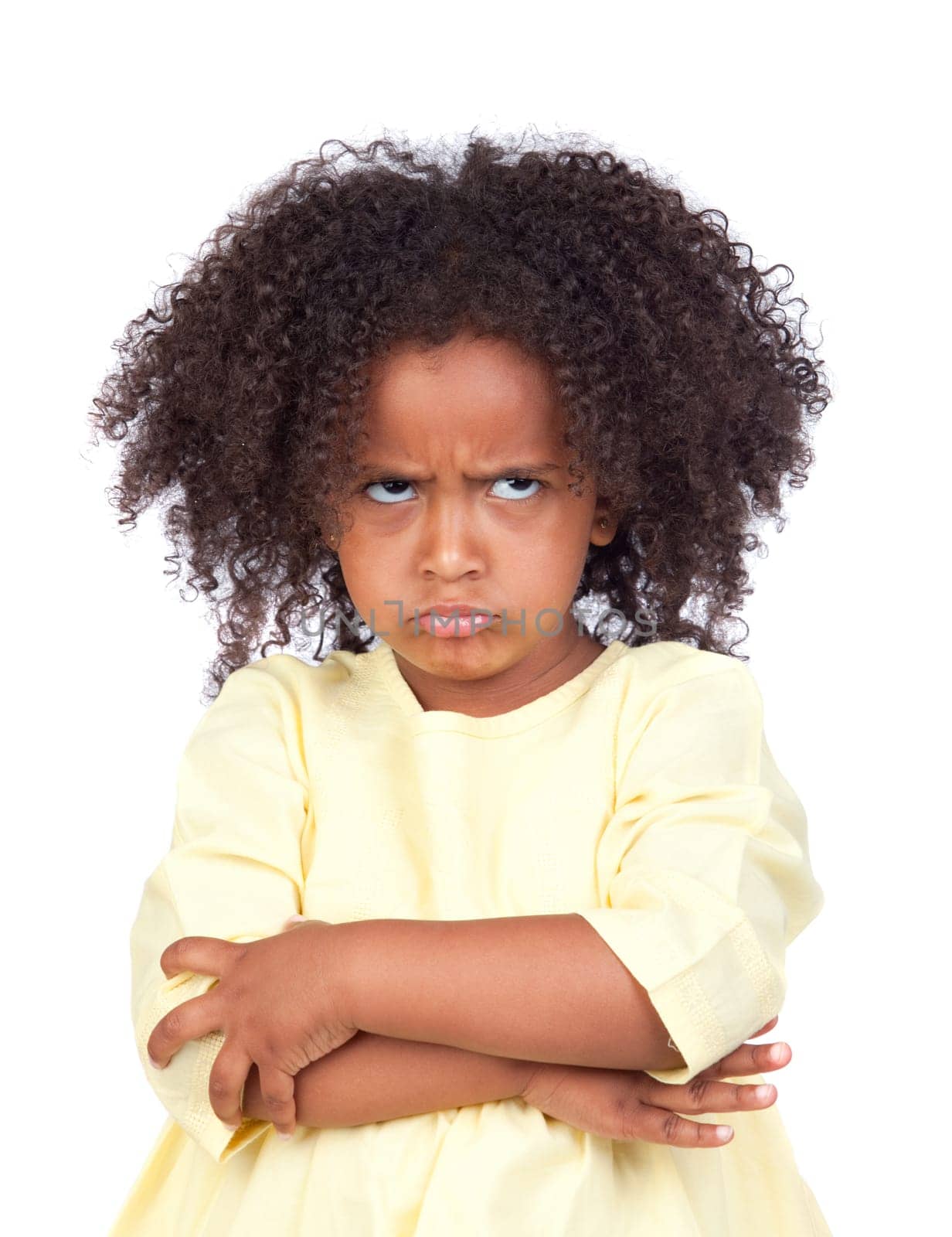 Angry little girl with beautiful hairstyle isolated over white
