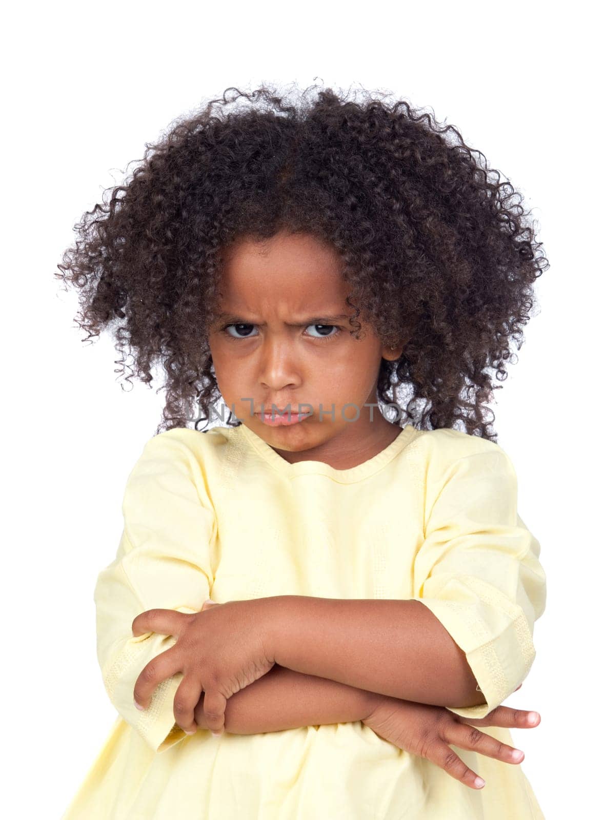 Angry little girl with beautiful hairstyle isolated over white