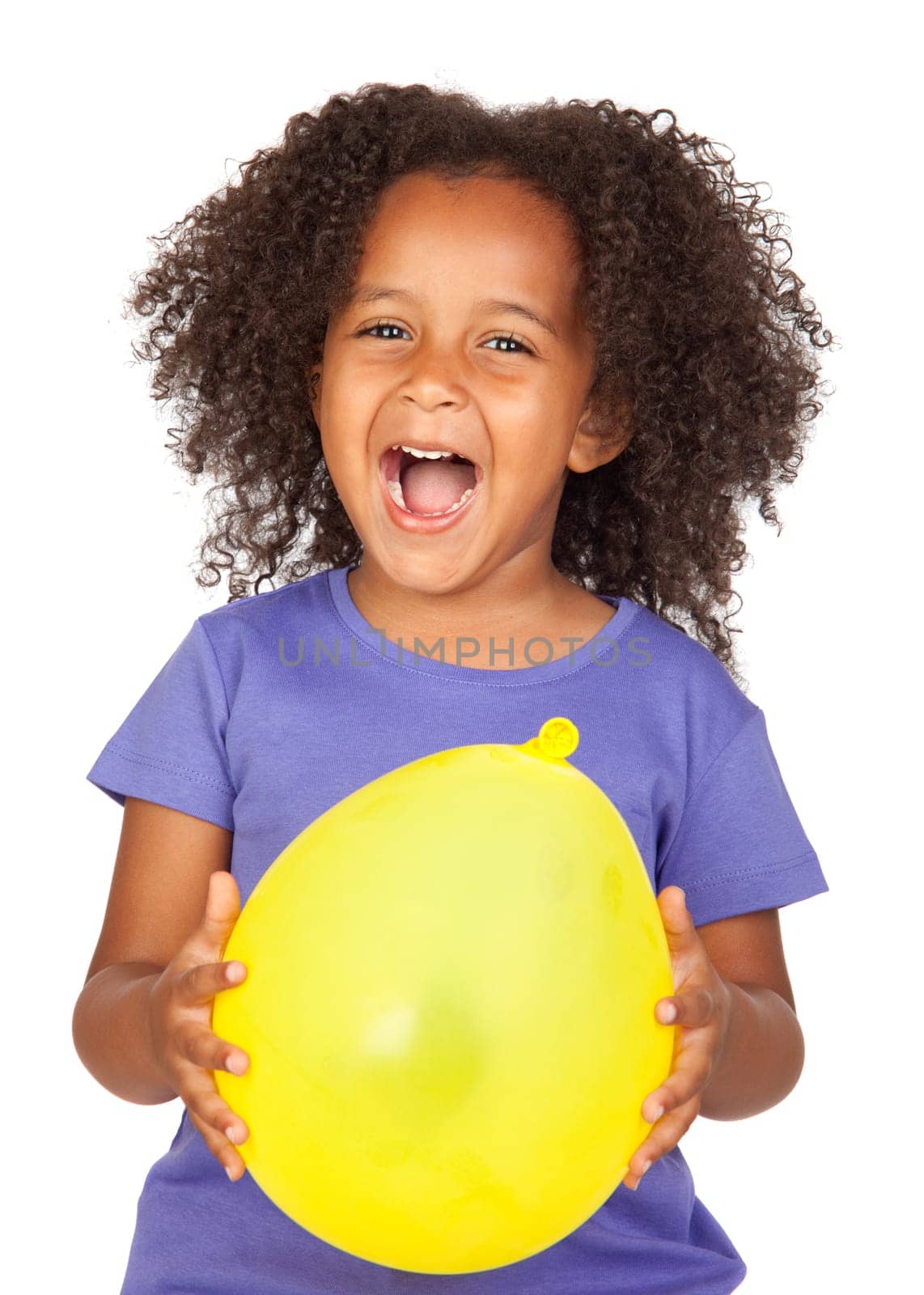 Adorable african little girl with yellow balloon isolated over white