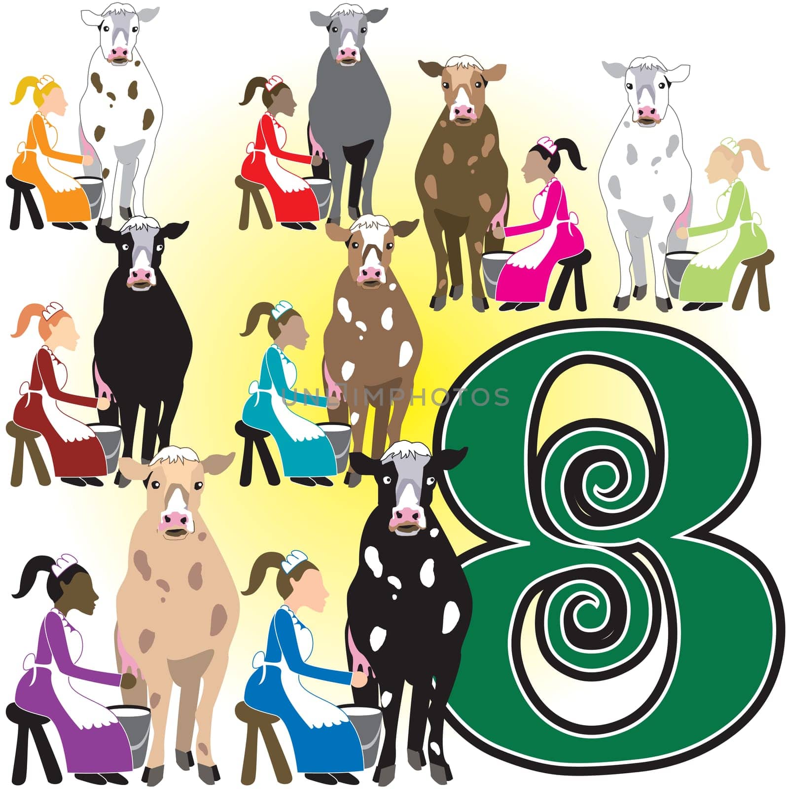 The 12 Days of Christmas, vector Illustration. There is one for each day, can be used as an educational flash card for counting.