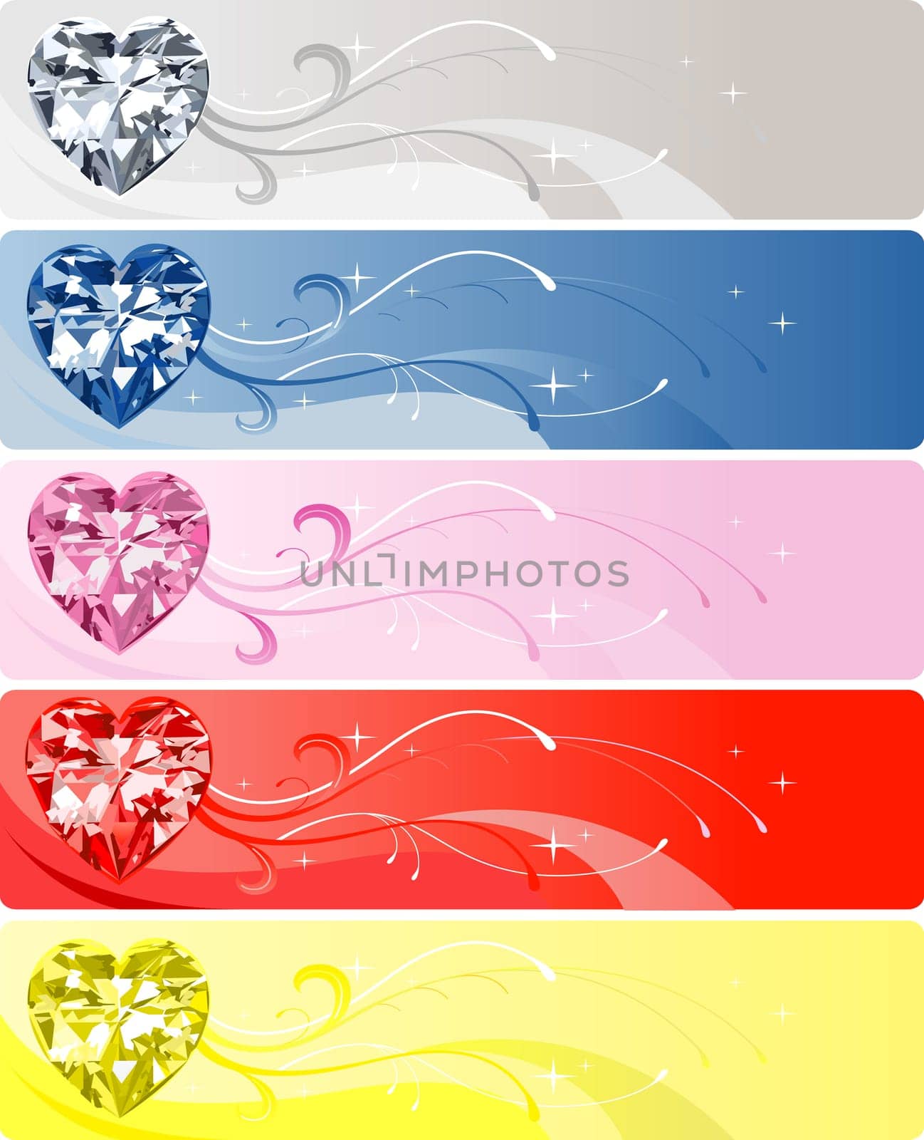 Vector Illustration of 5 Diamond or Crystal Heart Banners.