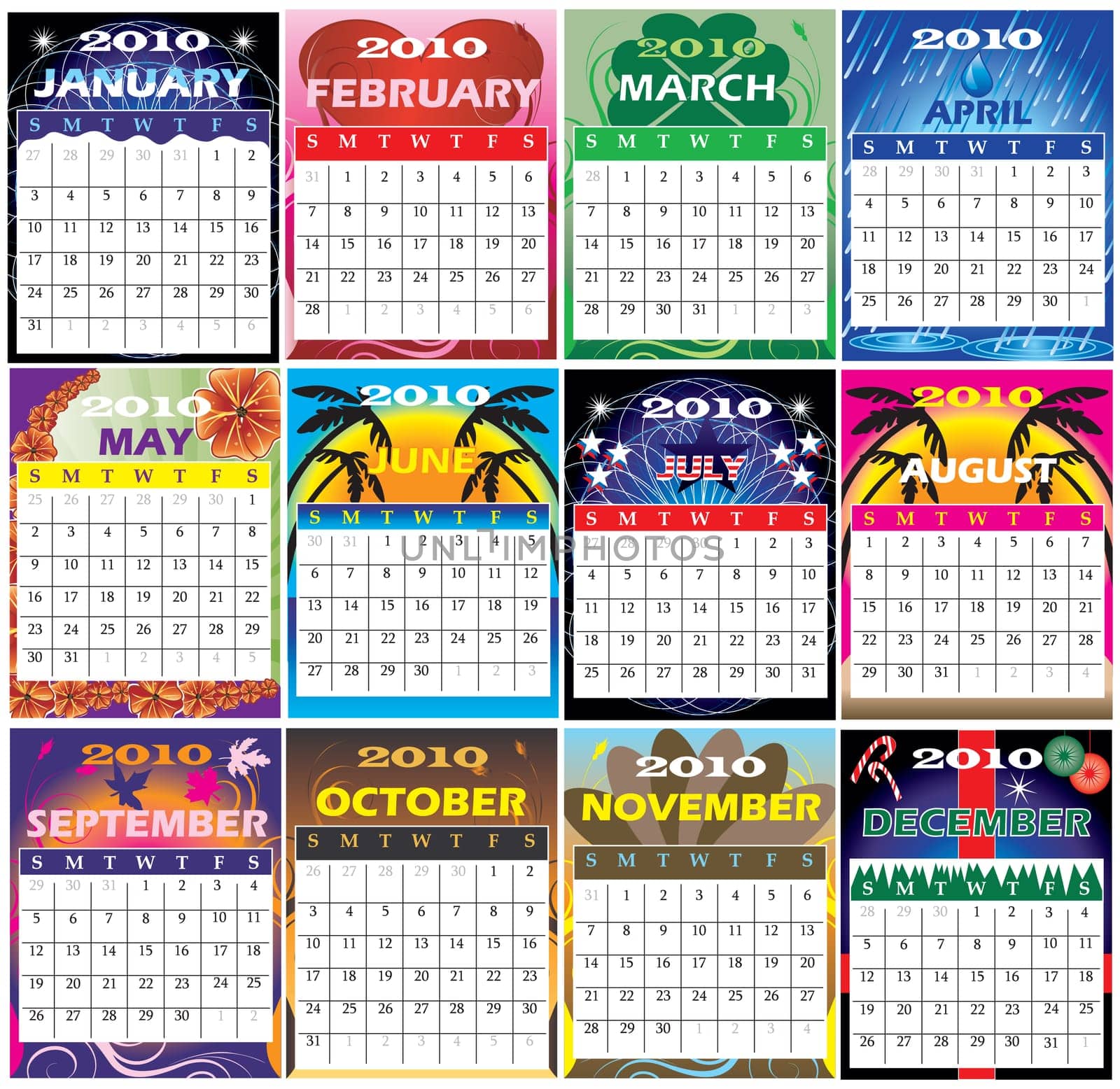 Twelve 2010 Calendars with space for planning. Very decorative and themed