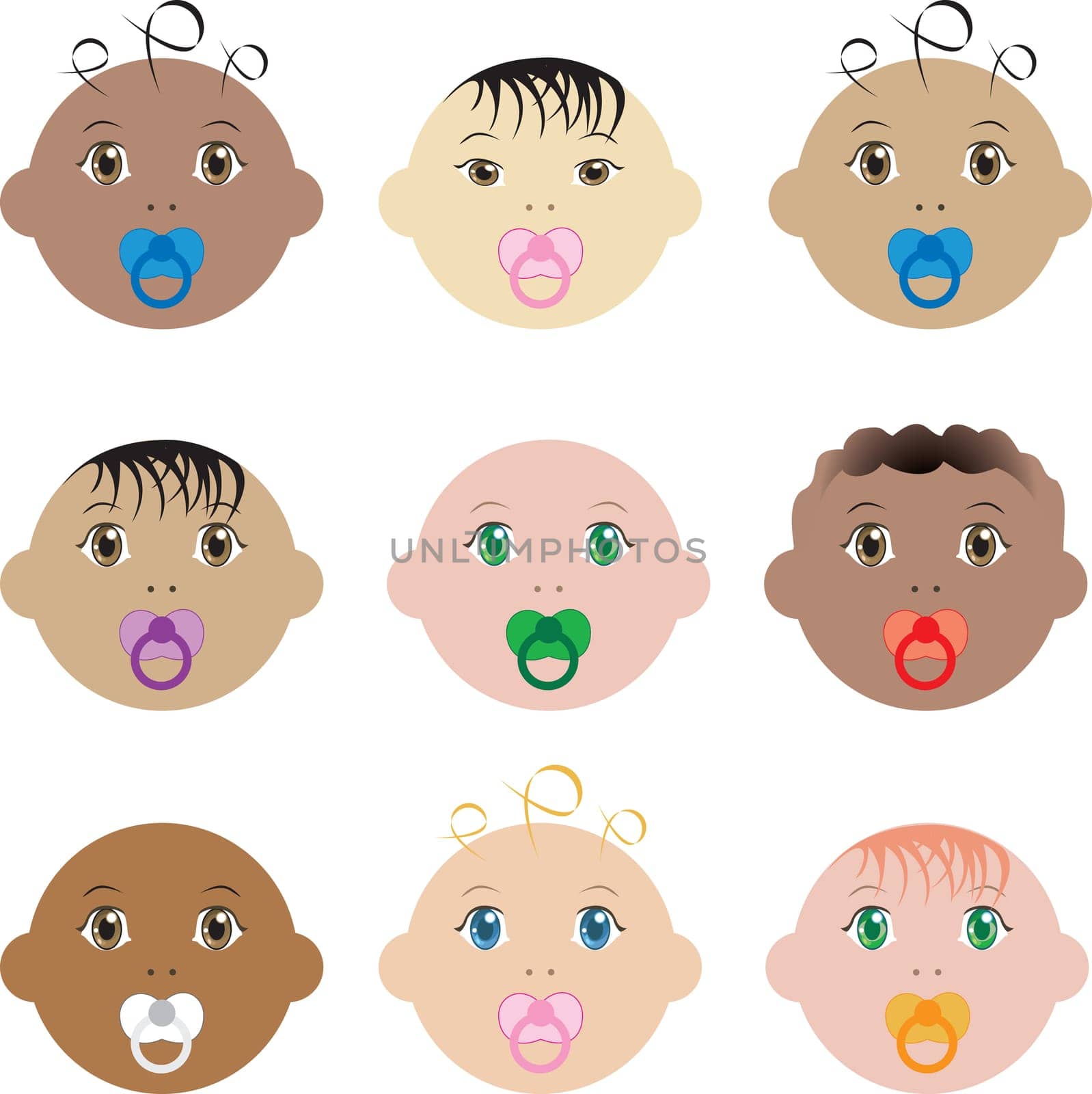Vector Illustration of nine boy and girl baby faces of different races.