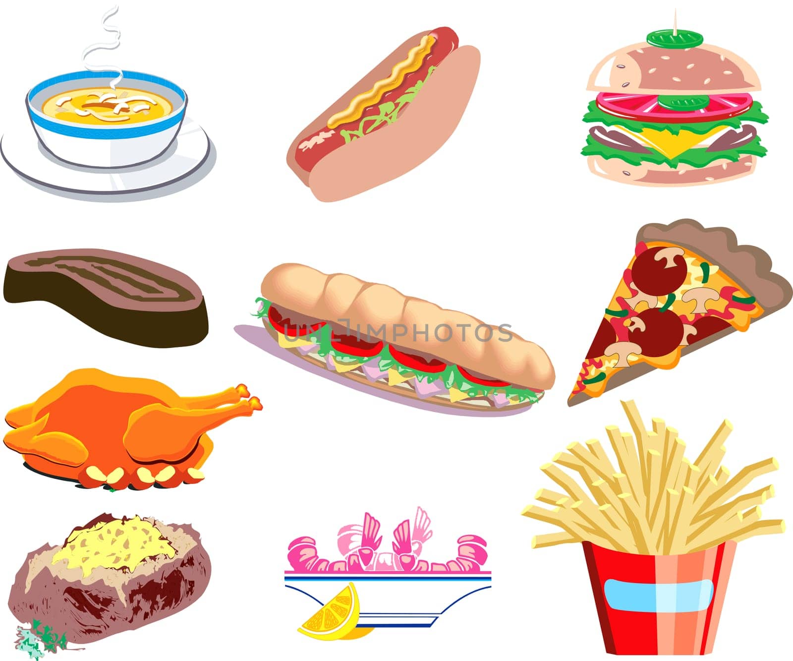 Vector Illustration of ten types of prepared food.
