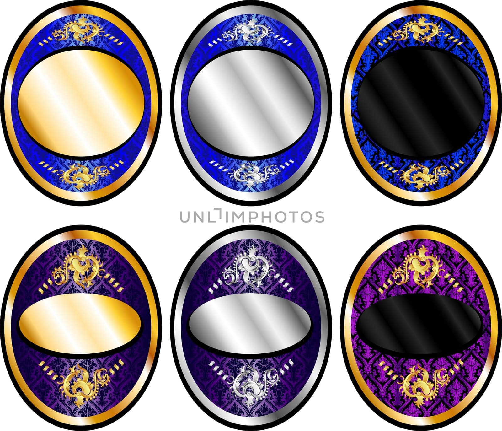Vector Illustration of six oval templates, seals or wine labels.