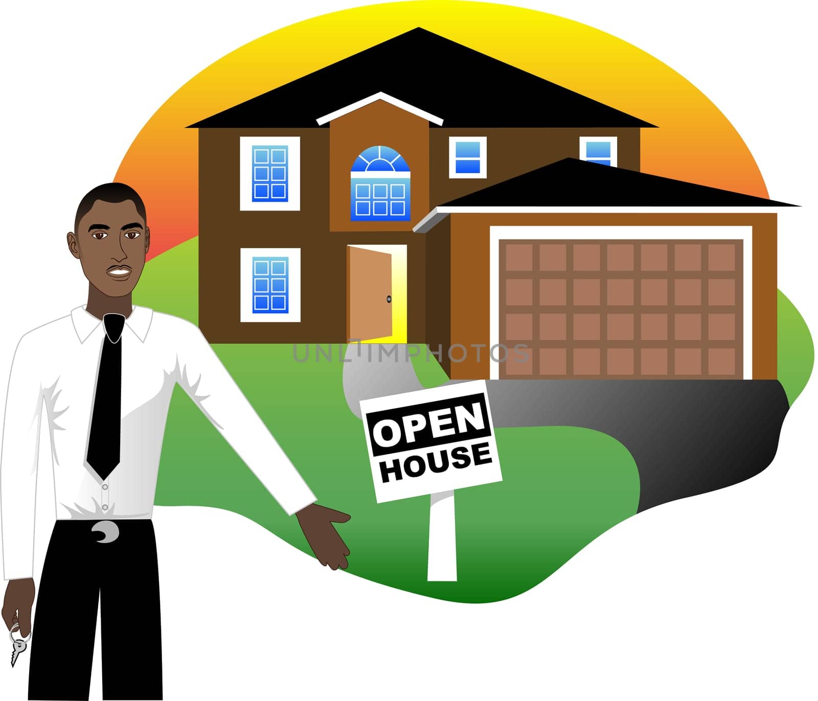 Vector Illustration. A real estate agent with keys advertising an open house viewing. Version 4 of 6.