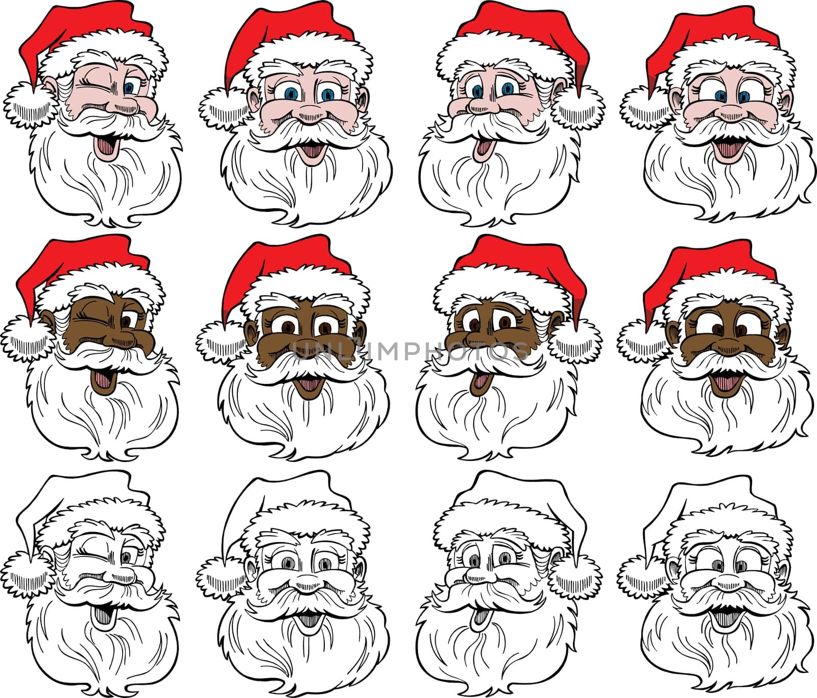12 Santa Faces, Vector Illustration.