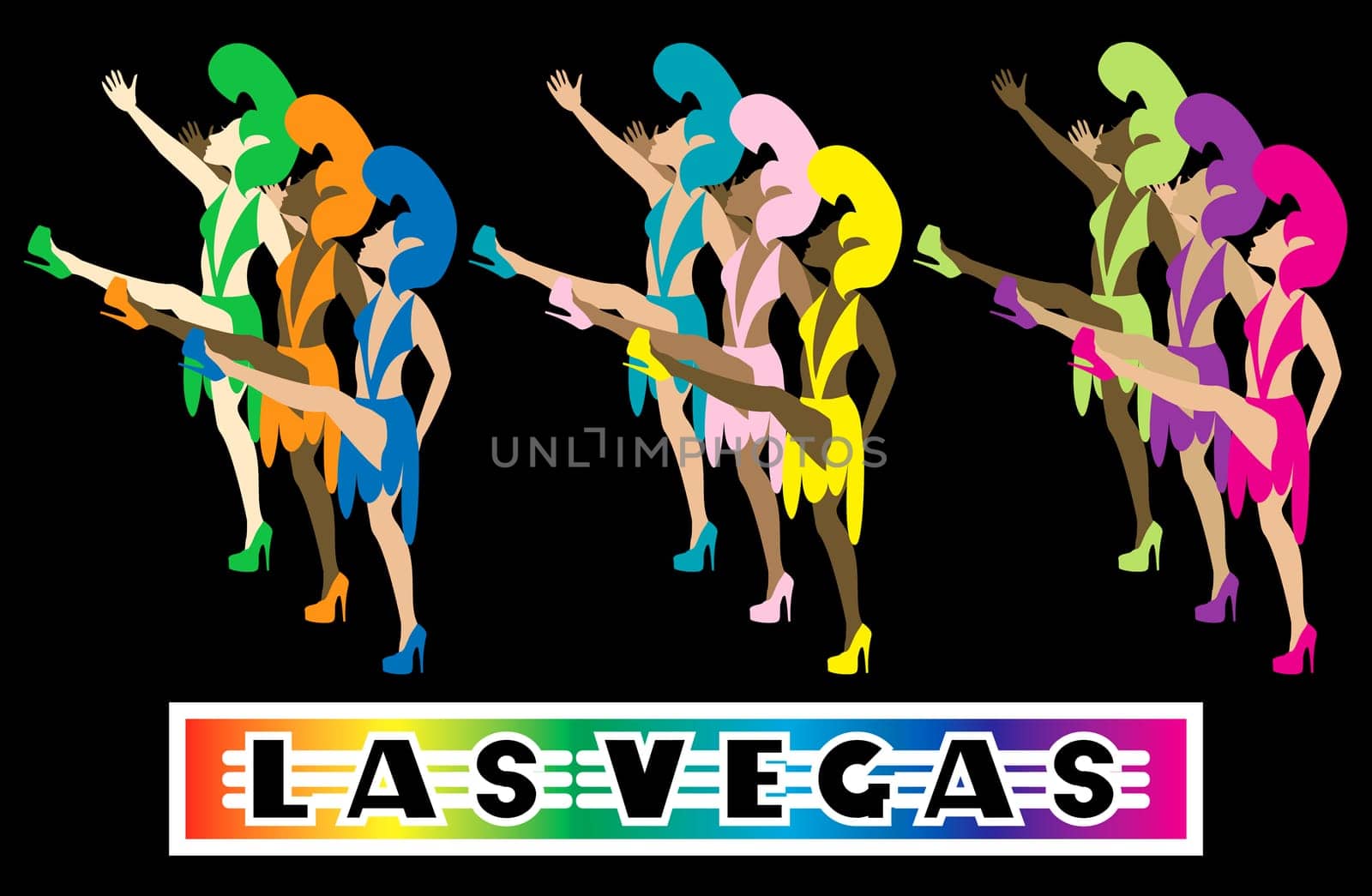 Las Vegas Showgirl Dancers performing with high kicks. Used tiltawhirl font.