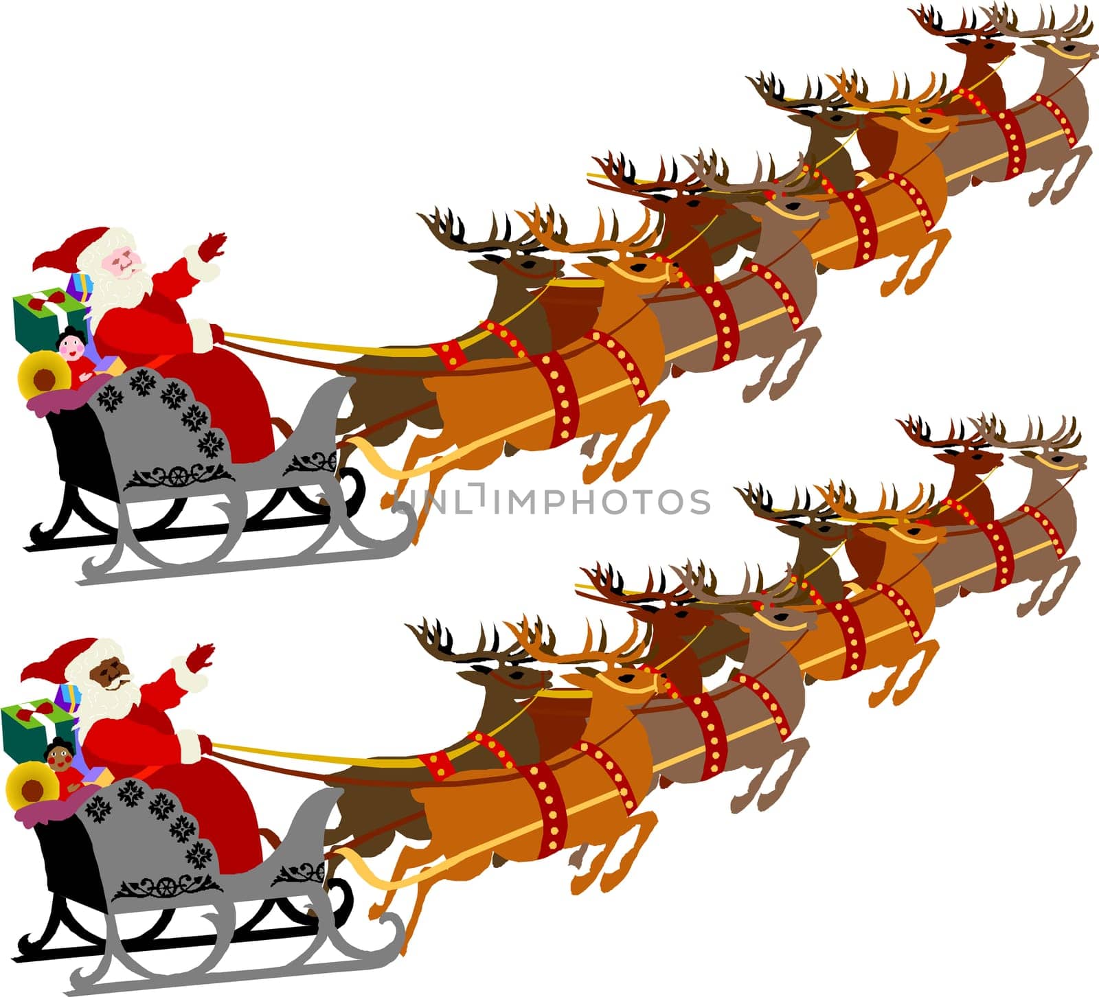 Santa with Sleigh and Reindeer, vector illustration of 2 versions.