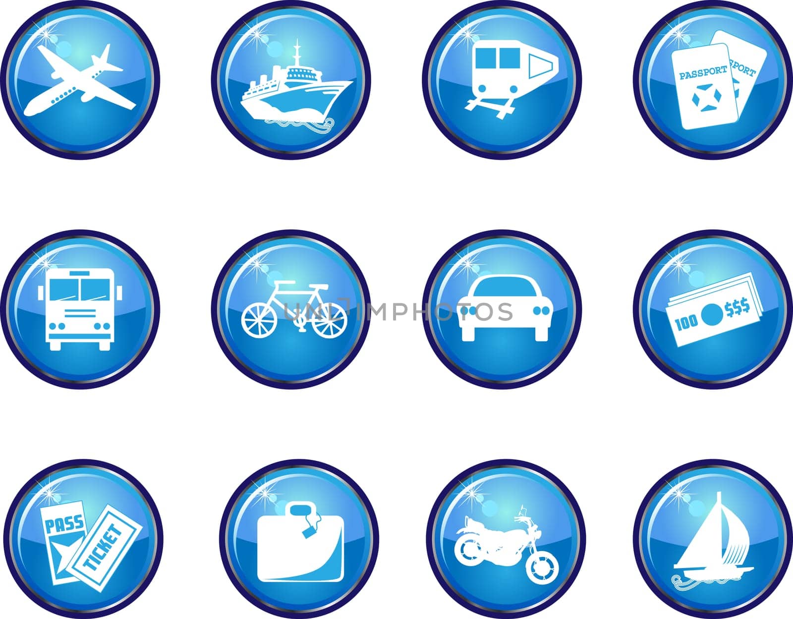 Vector Illustration of 12 Blue Glossy Travel Icon Buttons. Available in other sets.