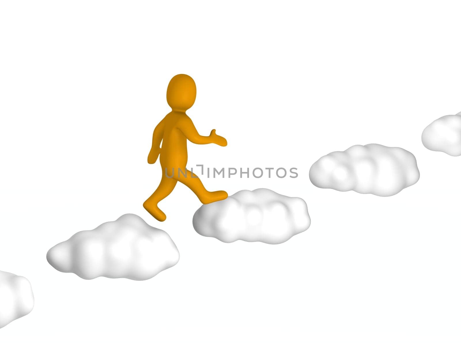 Man going up to the sky. 3d rendered illustration isolated on white.