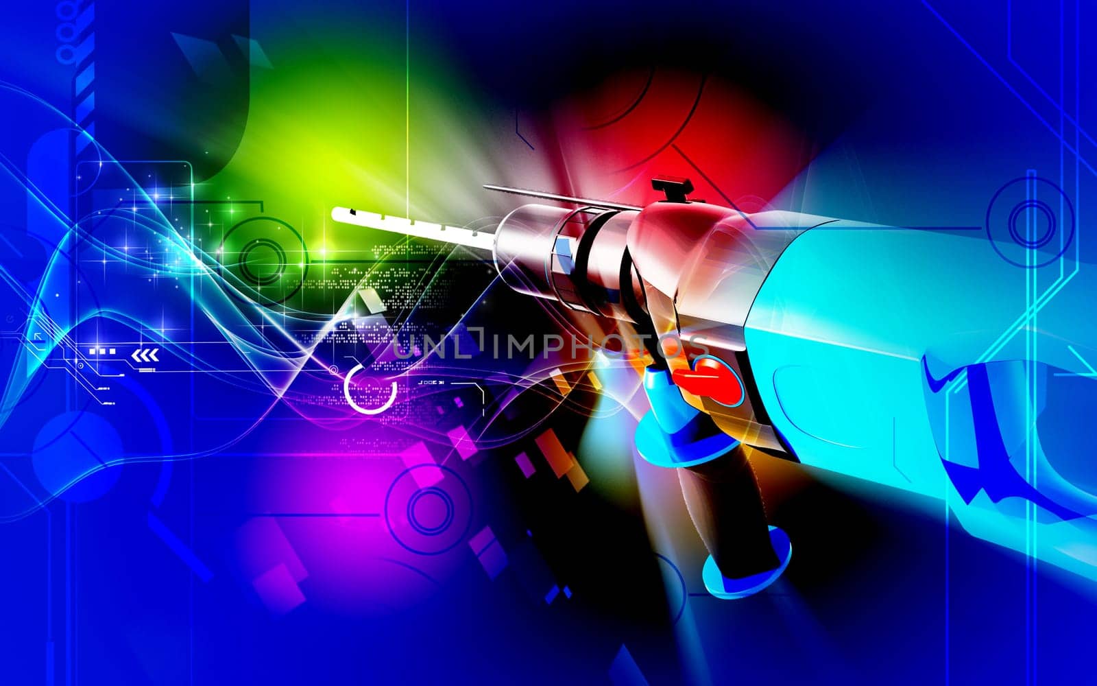Digital illustration of hammer drill in colour background